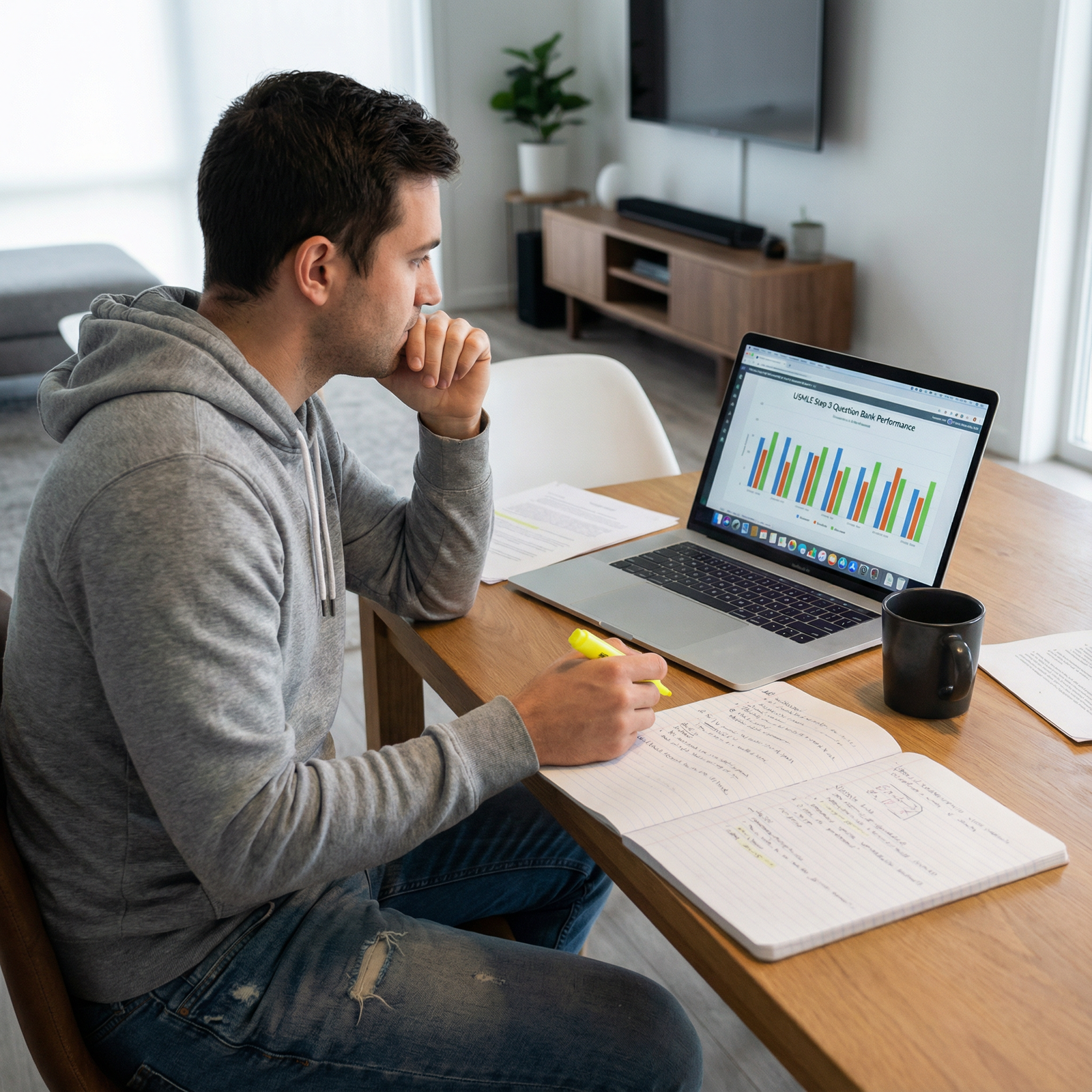 Medical resident reviewing progress for USMLE Step 3 using a question bank and notes - USMLE Step 3 for Time Management Techn