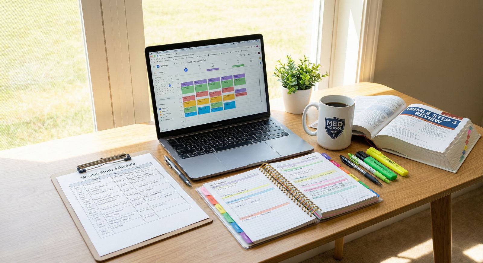Organized USMLE Step 3 study schedule on desk with calendar and laptop - USMLE Step 3 for Optimize Your USMLE Step 3 Study Ti