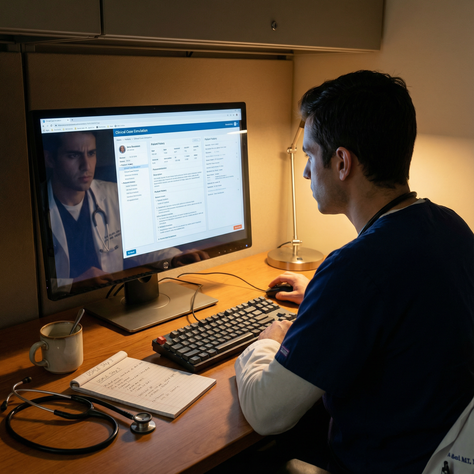Resident simulating USMLE Step 3 computer-based case on desktop - USMLE Step 3 for Optimize Your USMLE Step 3 Study Time: Pro