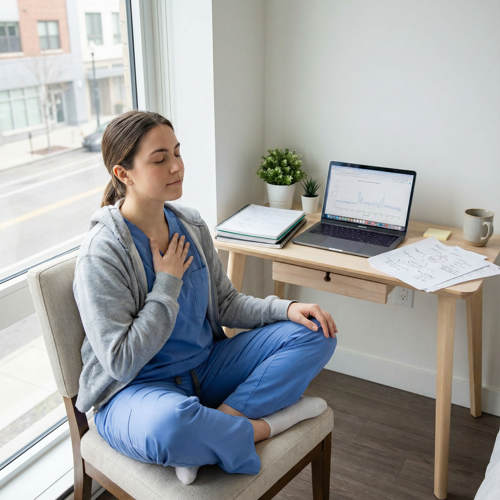 Medical resident practicing mindful self-care while studying - COMLEX Level 3 for Master COMLEX Level 3: 5 Essential Study St