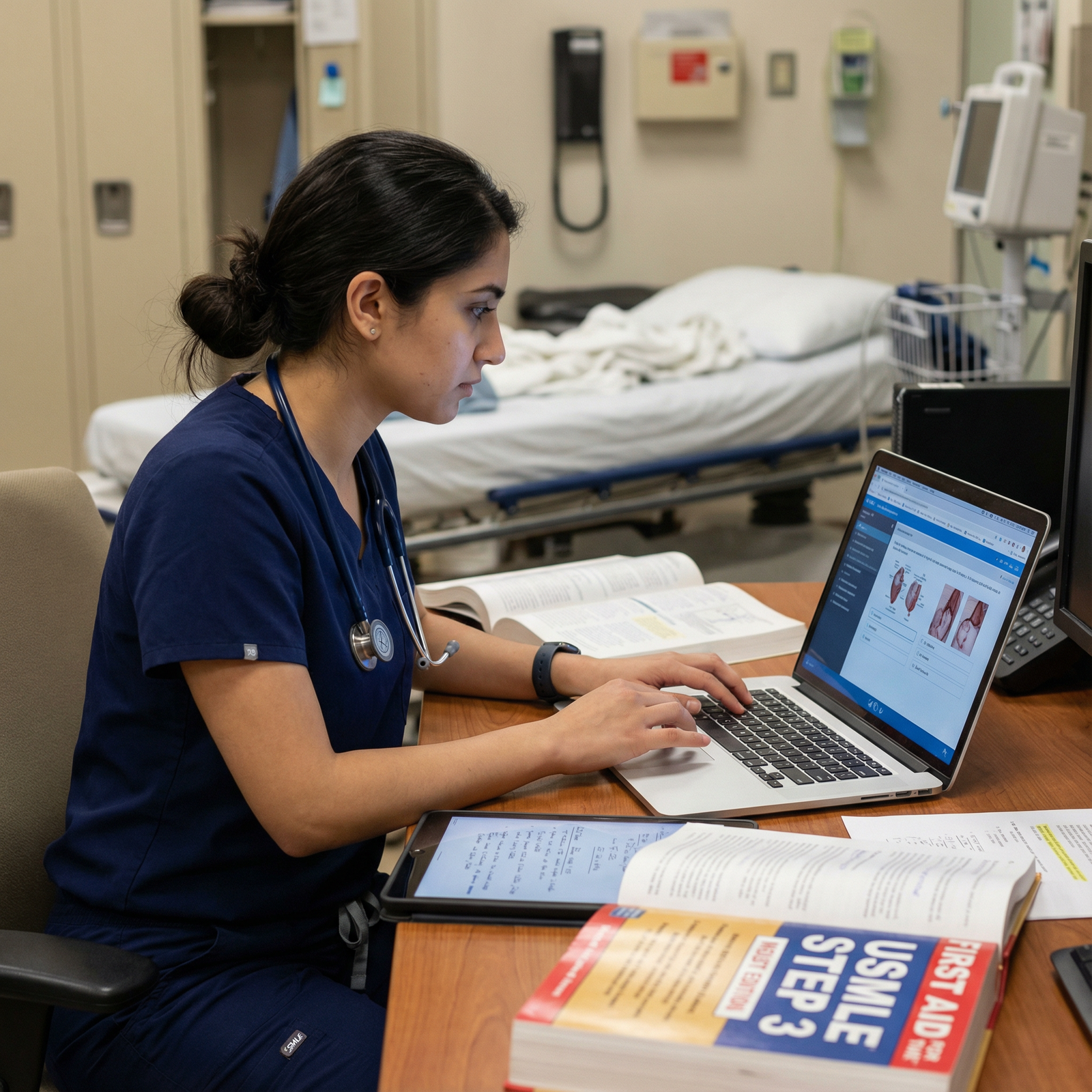 Medical resident using a USMLE Step 3 question bank on laptop - USMLE Step 3 for Essential Study Resources for Mastering USML