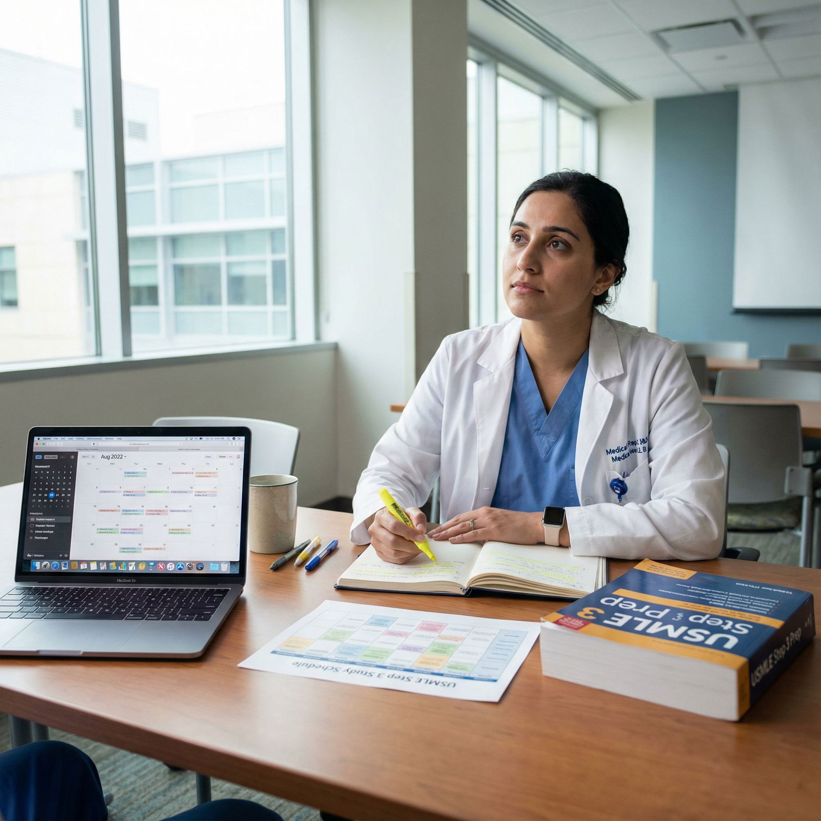 Medical resident reflecting on Step 3 study plan with notes and laptop - USMLE Step 3 for Essential Strategies for Acing USML
