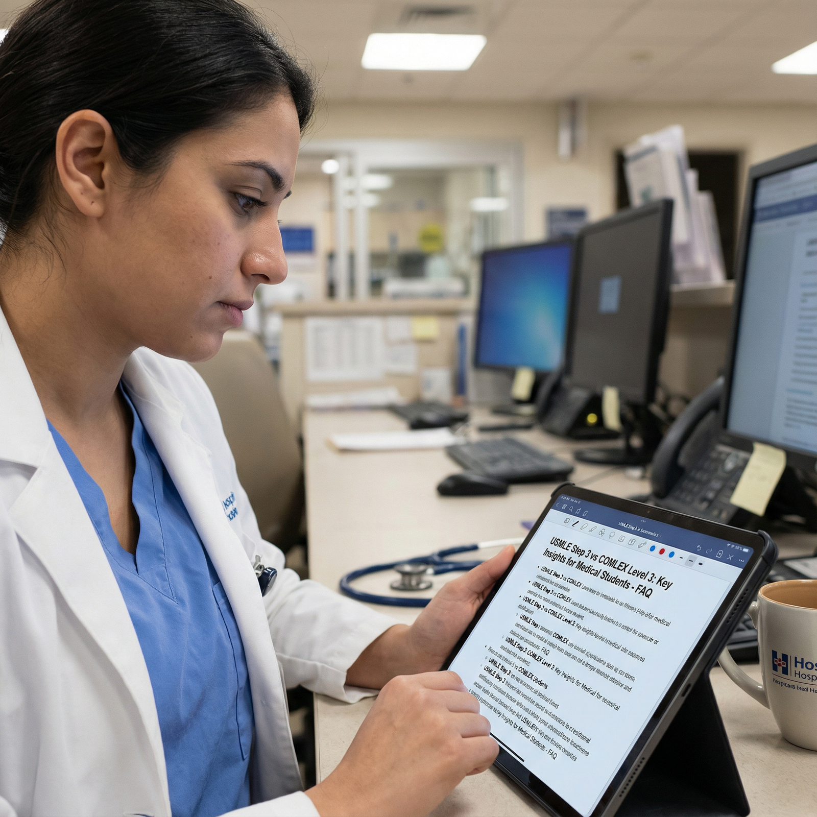 Resident physician calmly reviewing USMLE and COMLEX FAQs on a tablet - USMLE for USMLE Step 3 vs COMLEX Level 3: Key Insight