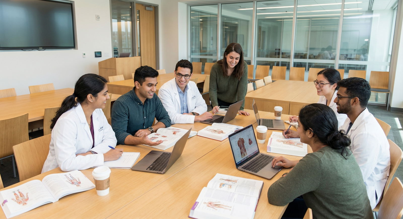 First-year medical students studying together in a modern lecture hall - Medical School for Mastering First-Year Medical Scho