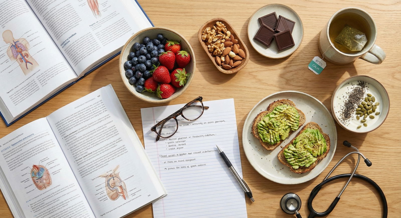 Healthy brain-boosting foods and tea arranged for exam preparation - Test Anxiety for Master Test Anxiety with Nutrition: Ess