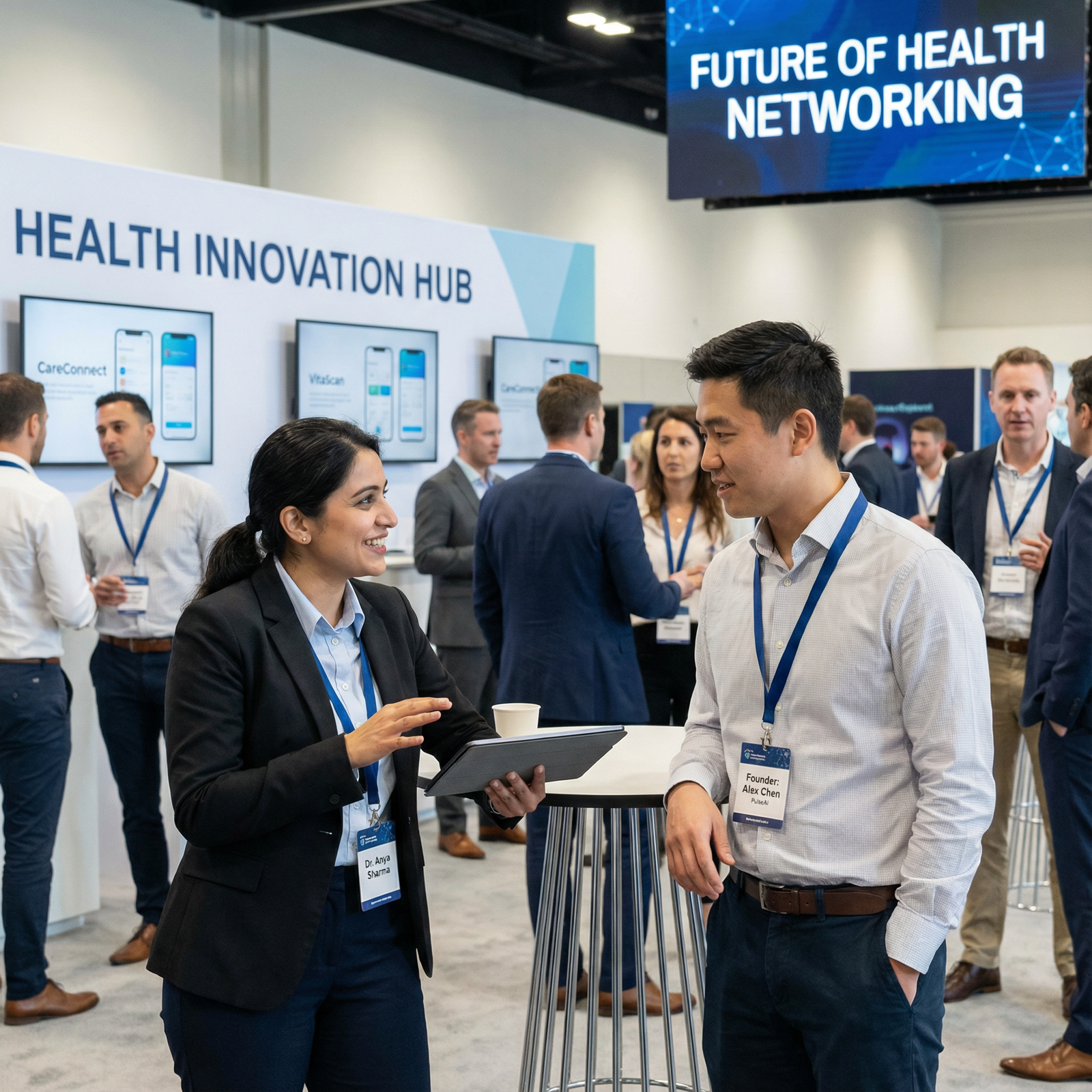 Medical resident networking with healthcare startup founders at an innovation event - Health Startups for Unlocking Career Op