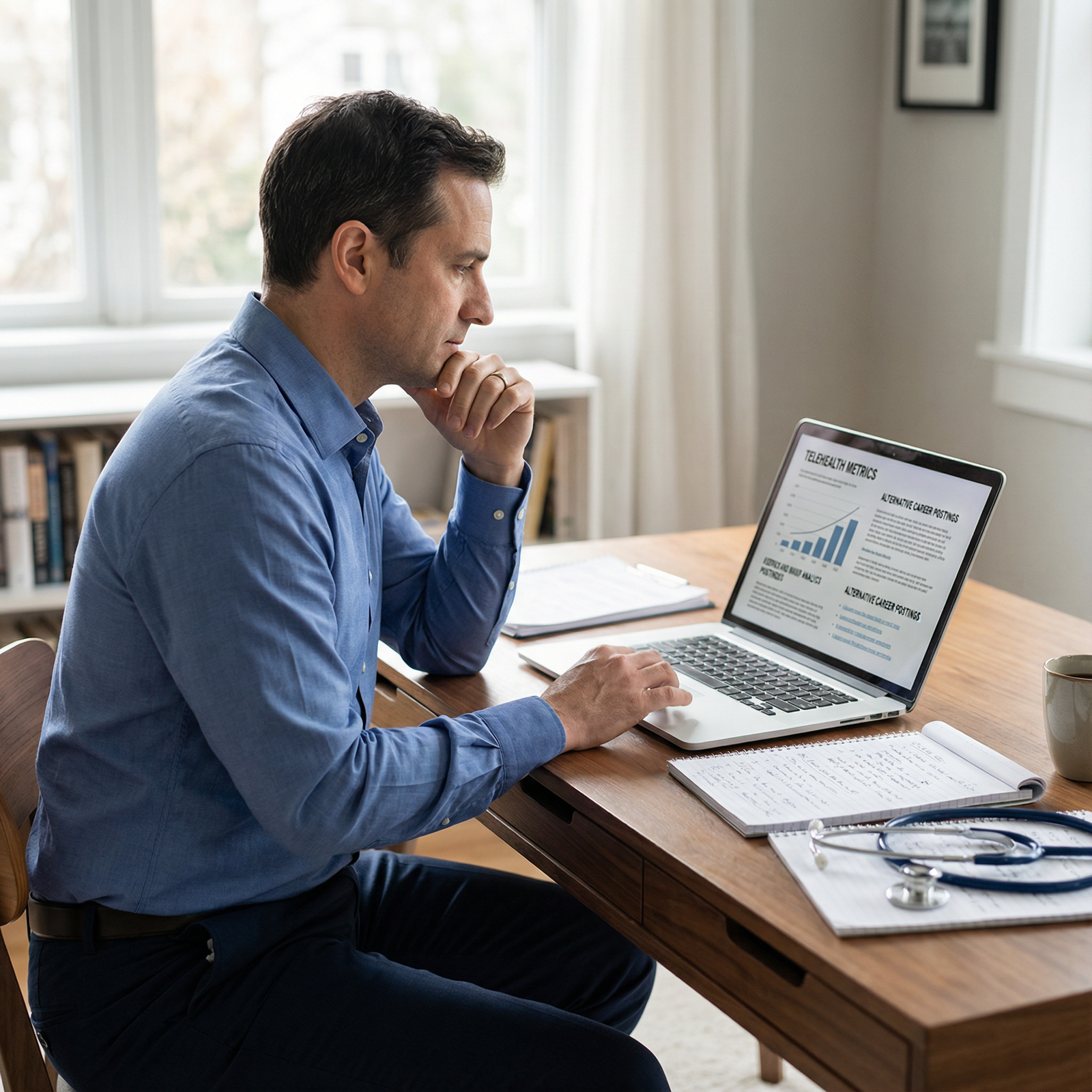 Physician reviewing telehealth data and planning career transition - Telehealth for Explore Telehealth: Innovative Career Opt