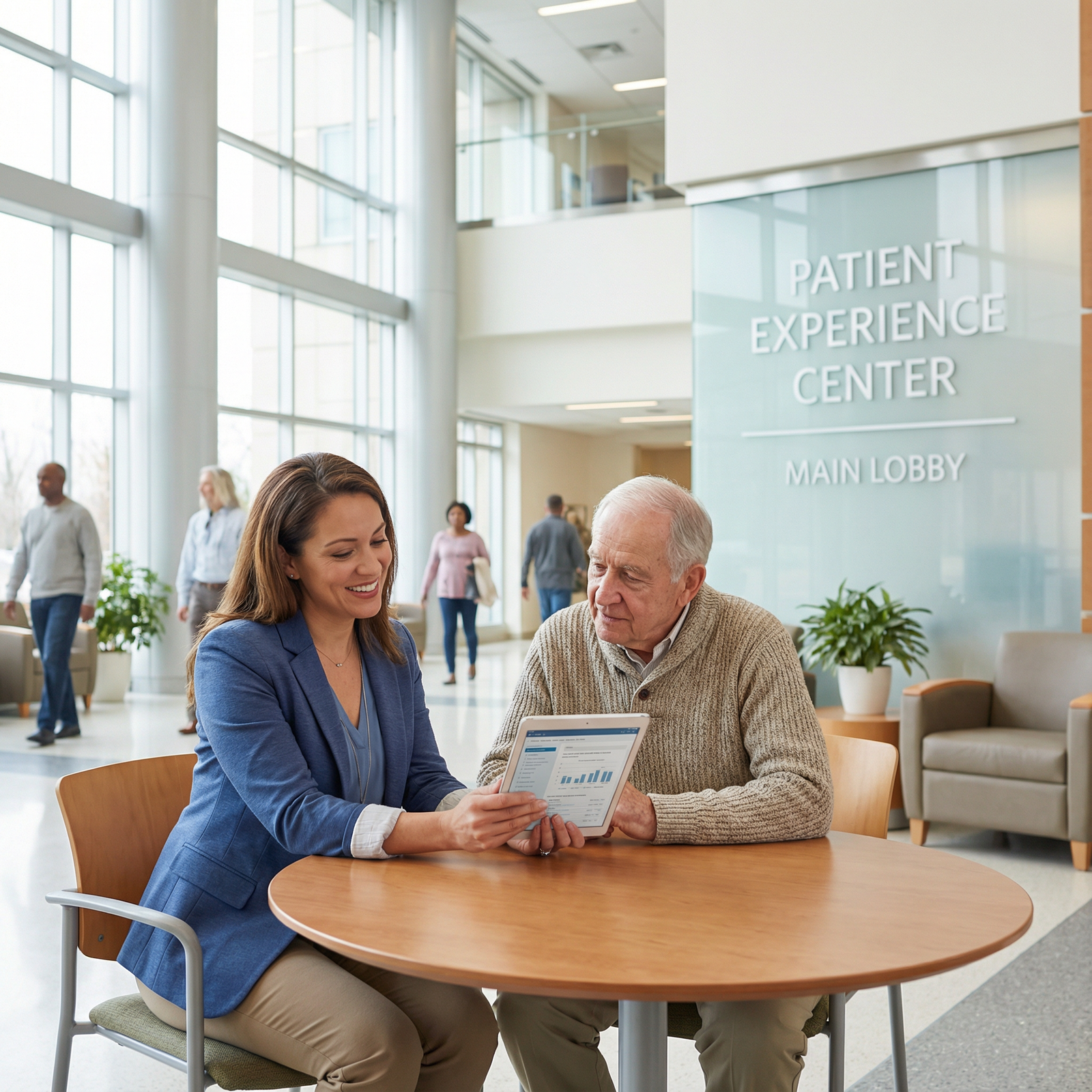 Patient experience advocate speaking with a patient in a hospital lobby - Healthcare Careers for Explore 5 Innovative Healthc