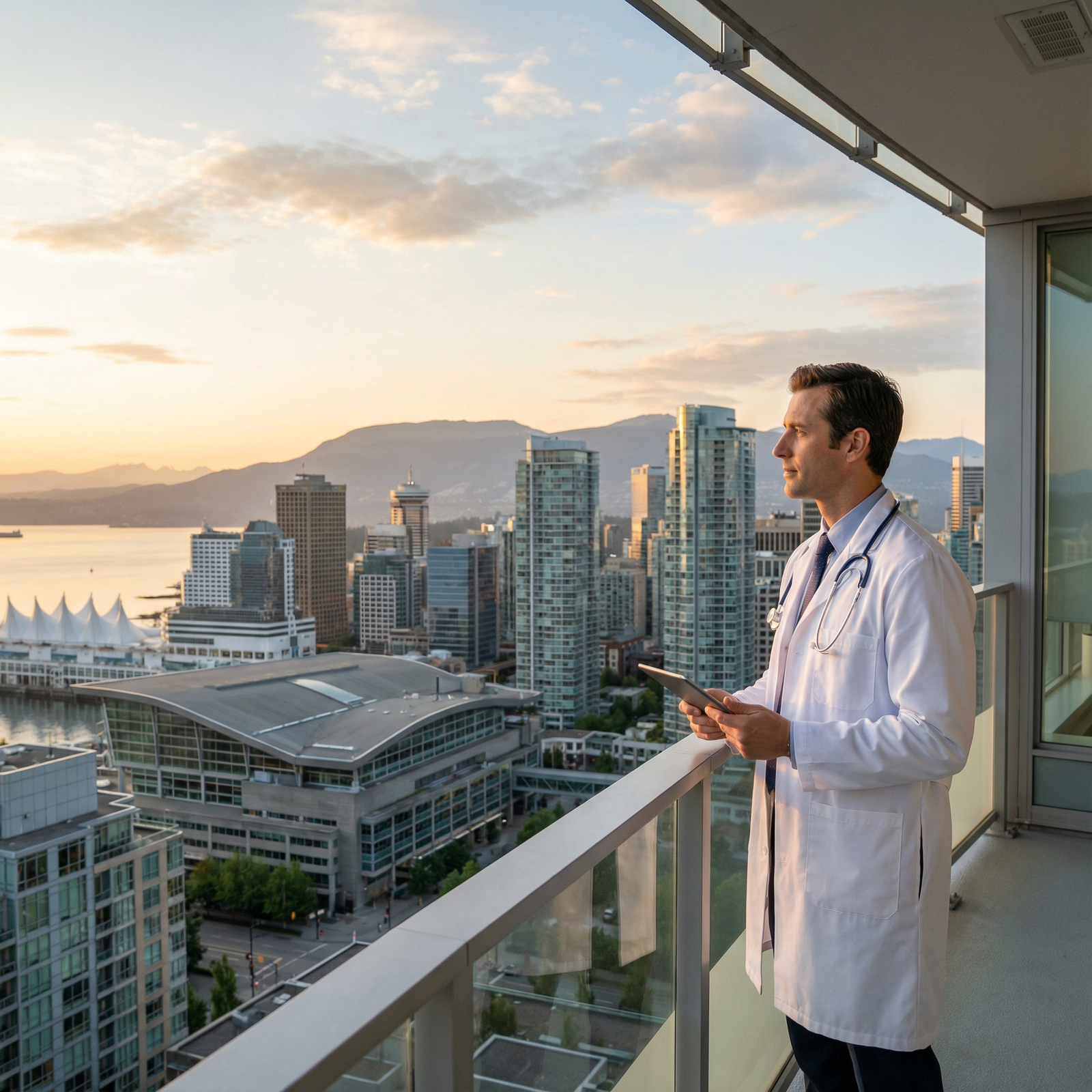 Physician overlooking Canadian city skyline at sunrise Physician overlooking Canadian city skyline at sunrise - Physician Careers for Unlocking Physician Careers: Top Reasons to Wo