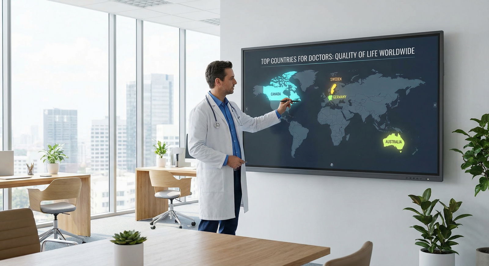 Physician comparing global career options on a digital world map - Quality of Life for Top Countries for Doctors: Discover th