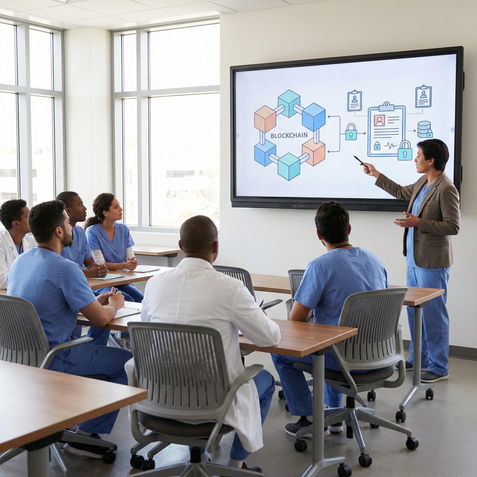 Medical trainees learning about blockchain and secure health data - Blockchain for Harnessing Blockchain in Healthcare: Ensur