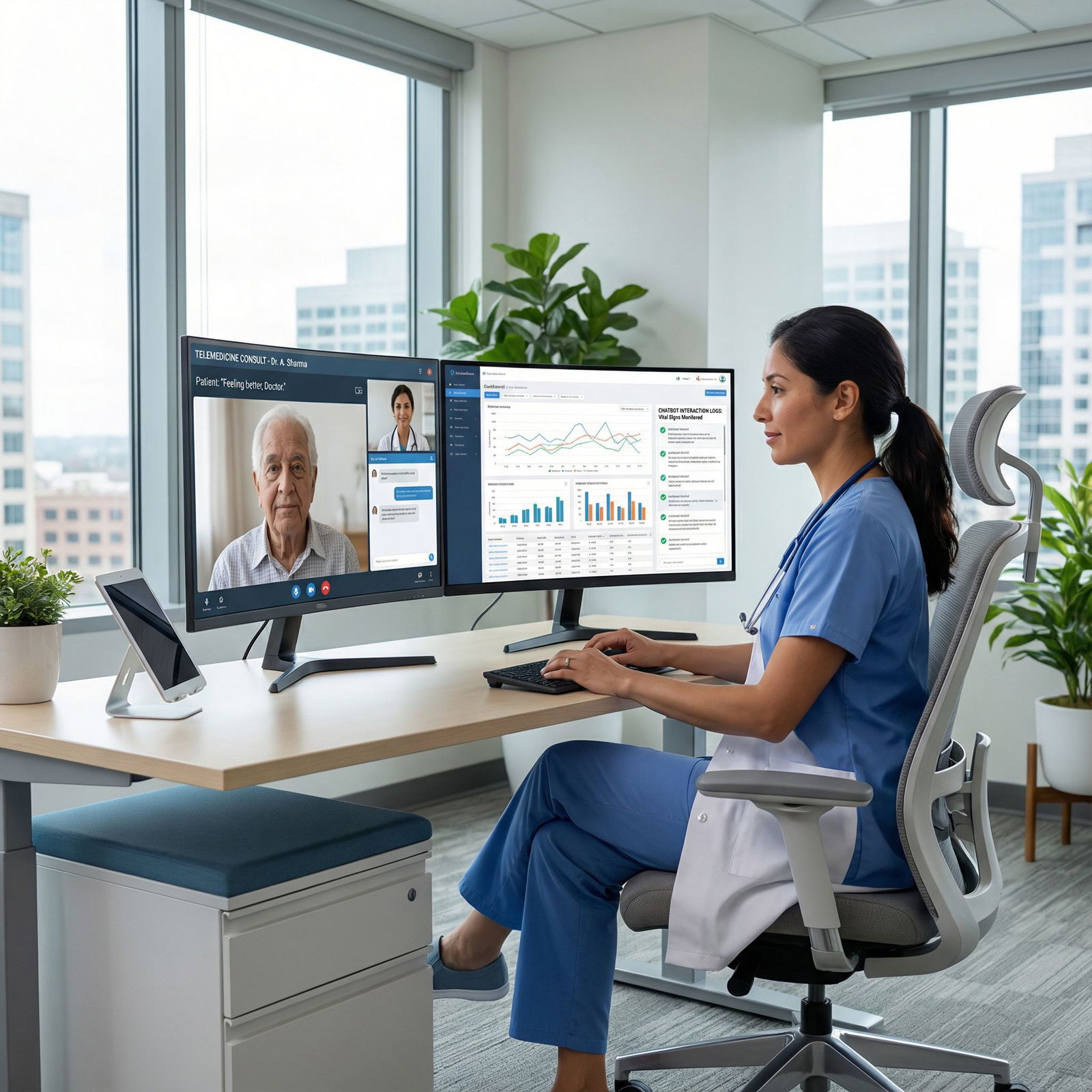 Physician using digital health tools and telemedicine interface Physician using digital health tools and telemedicine interface - Telemedicine for Harnessing Telemedicine and Chatbots: The