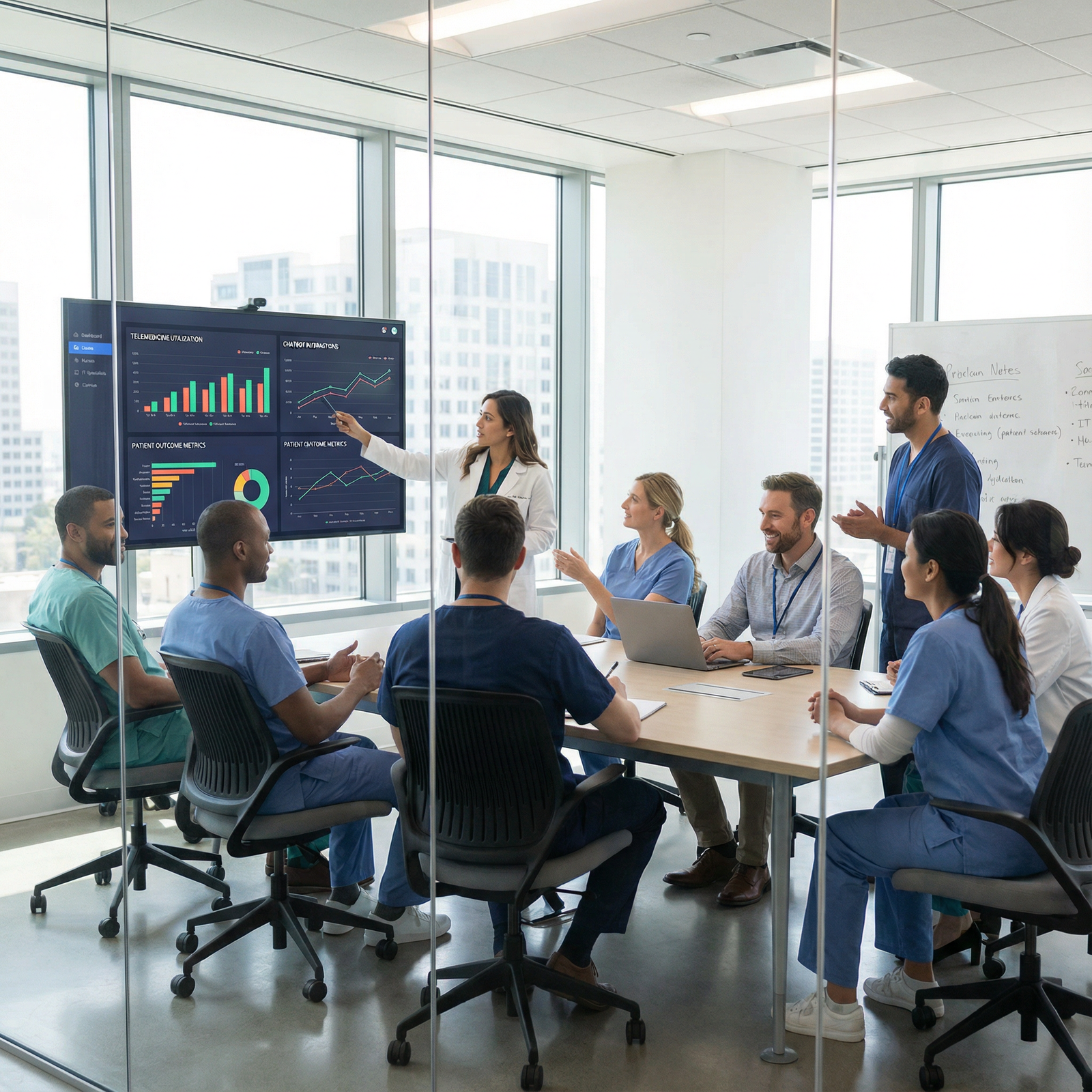 Medical team reviewing telemedicine and chatbot analytics dashboard Medical team reviewing telemedicine and chatbot analytics dashboard - Telemedicine for Harnessing Telemedicine and Chatbots: