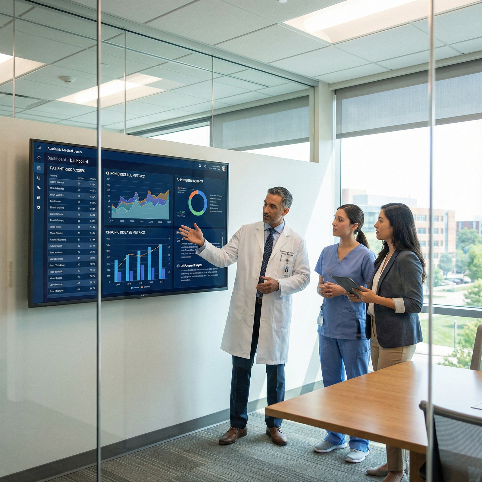 Multidisciplinary care team reviewing AI-assisted remote monitoring dashboard Multidisciplinary care team reviewing AI-assisted remote monitoring dashboard - Remote Health Monitoring for Transforming Pat