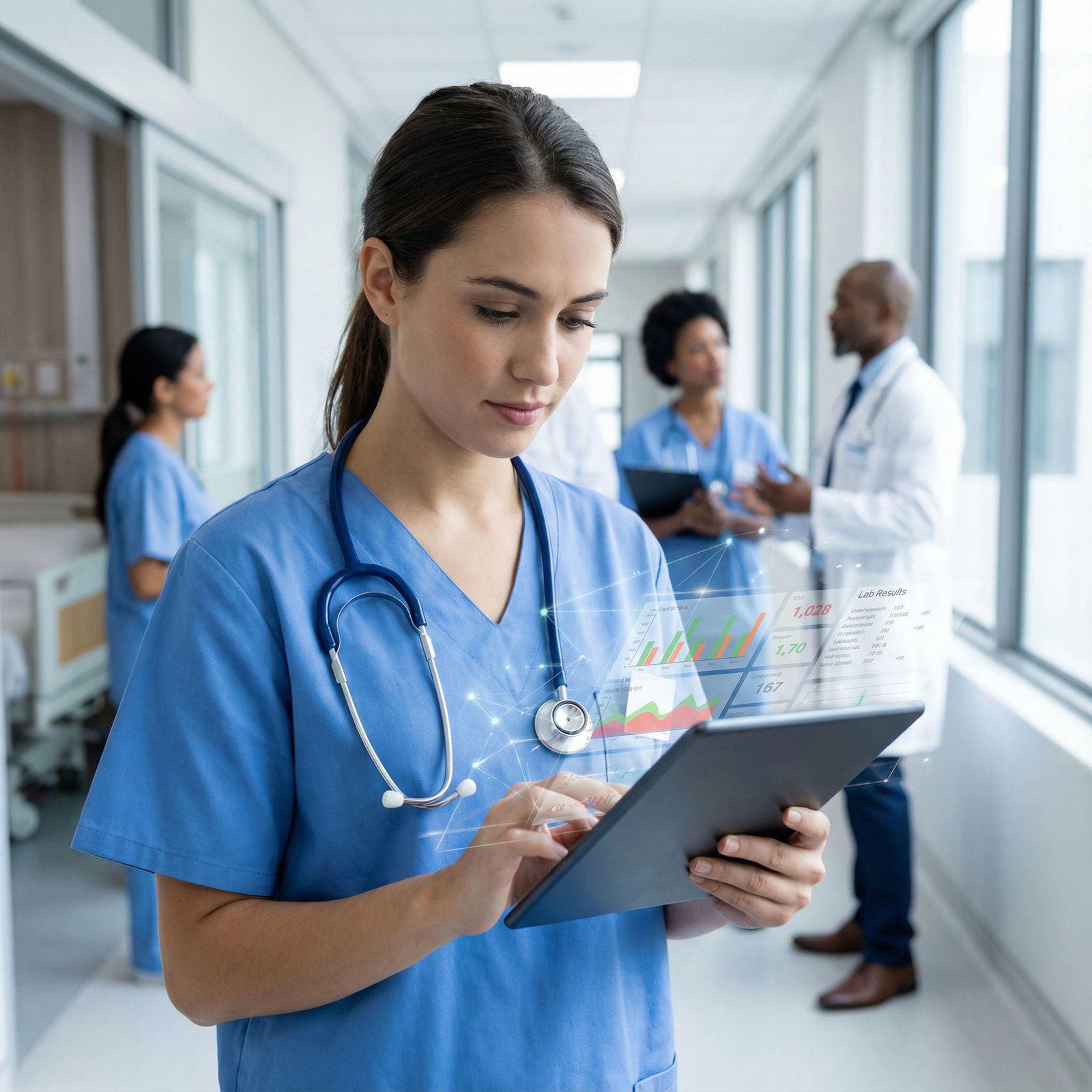 Clinician using predictive analytics at bedside Clinician using predictive analytics at bedside - Big Data for Harnessing Big Data: Revolutionizing Healthcare for Future Cli