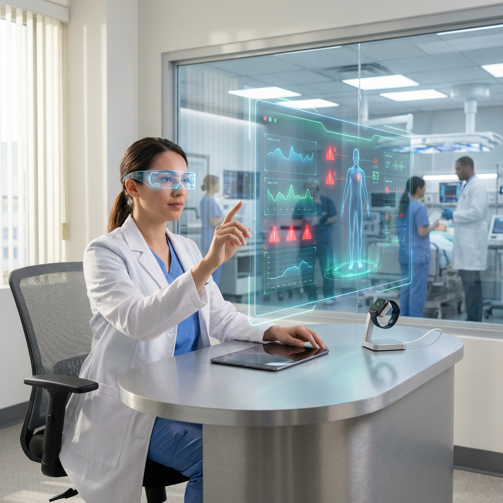 Future clinician analyzing AI-enhanced wearable data Future clinician analyzing AI-enhanced wearable data - Wearable Technology for Transforming Healthcare: Wearable Technology i