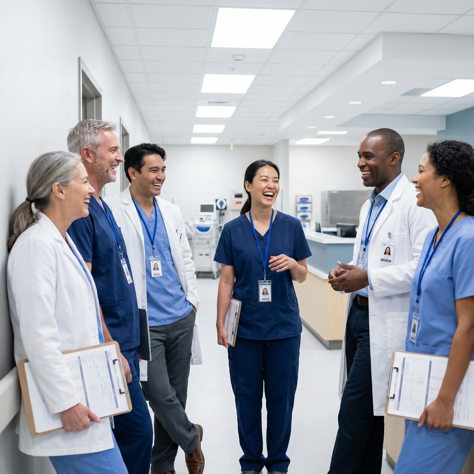 Medical team sharing a light-hearted moment in a hospital hallway - Medical Humor for Laughter in Medicine: Doctors Share Hil