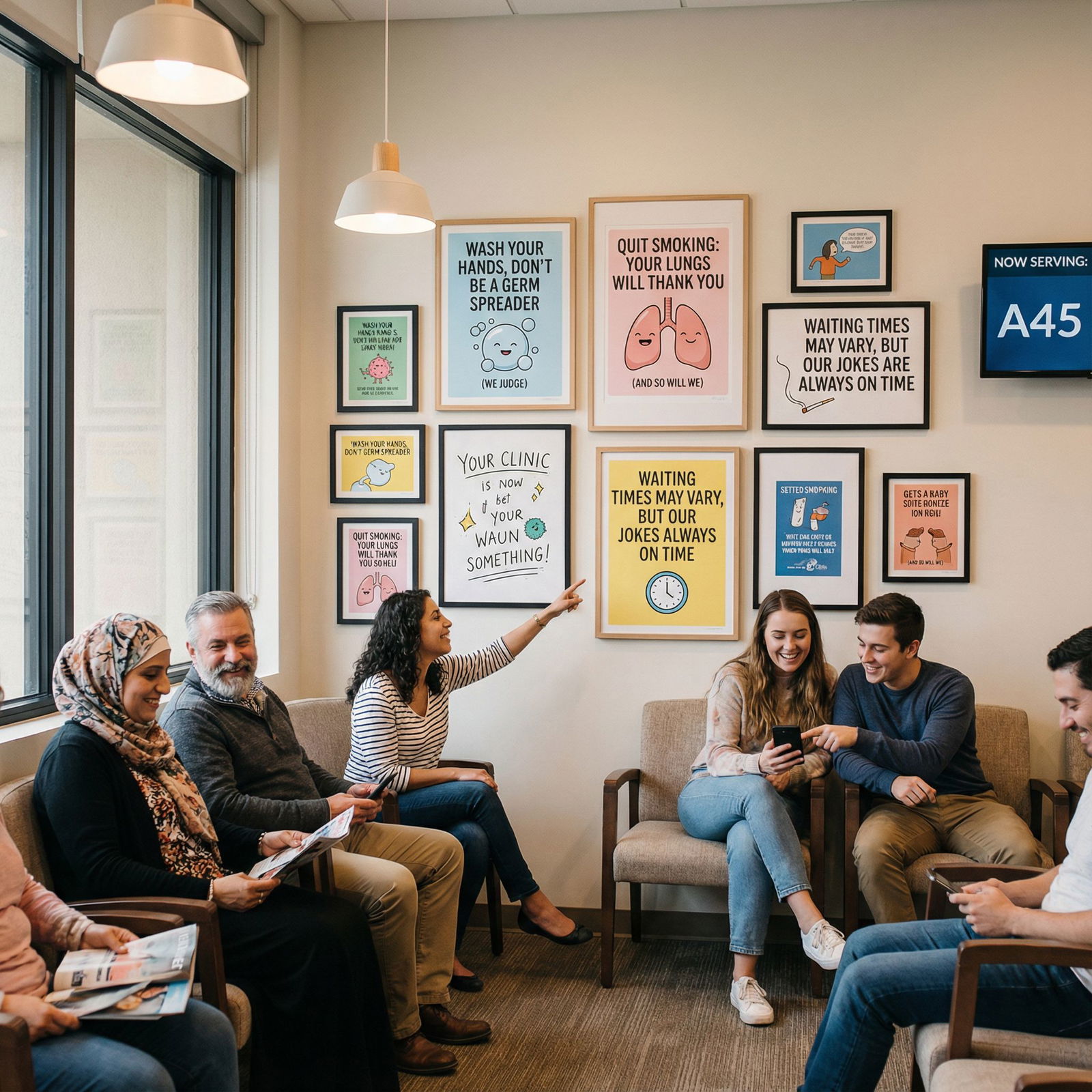 Wall of humorous healthcare posters in a clinic waiting room - medical humor for Laughter in Healthcare: Exploring Funniest M