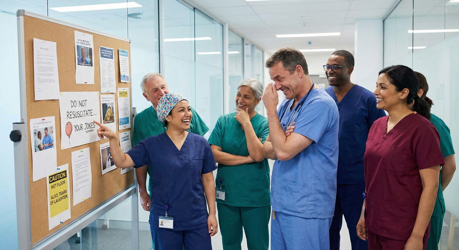 Medical team laughing together at a humorous notice board - medical humor for Laughter in Healthcare: Exploring Funniest Medi