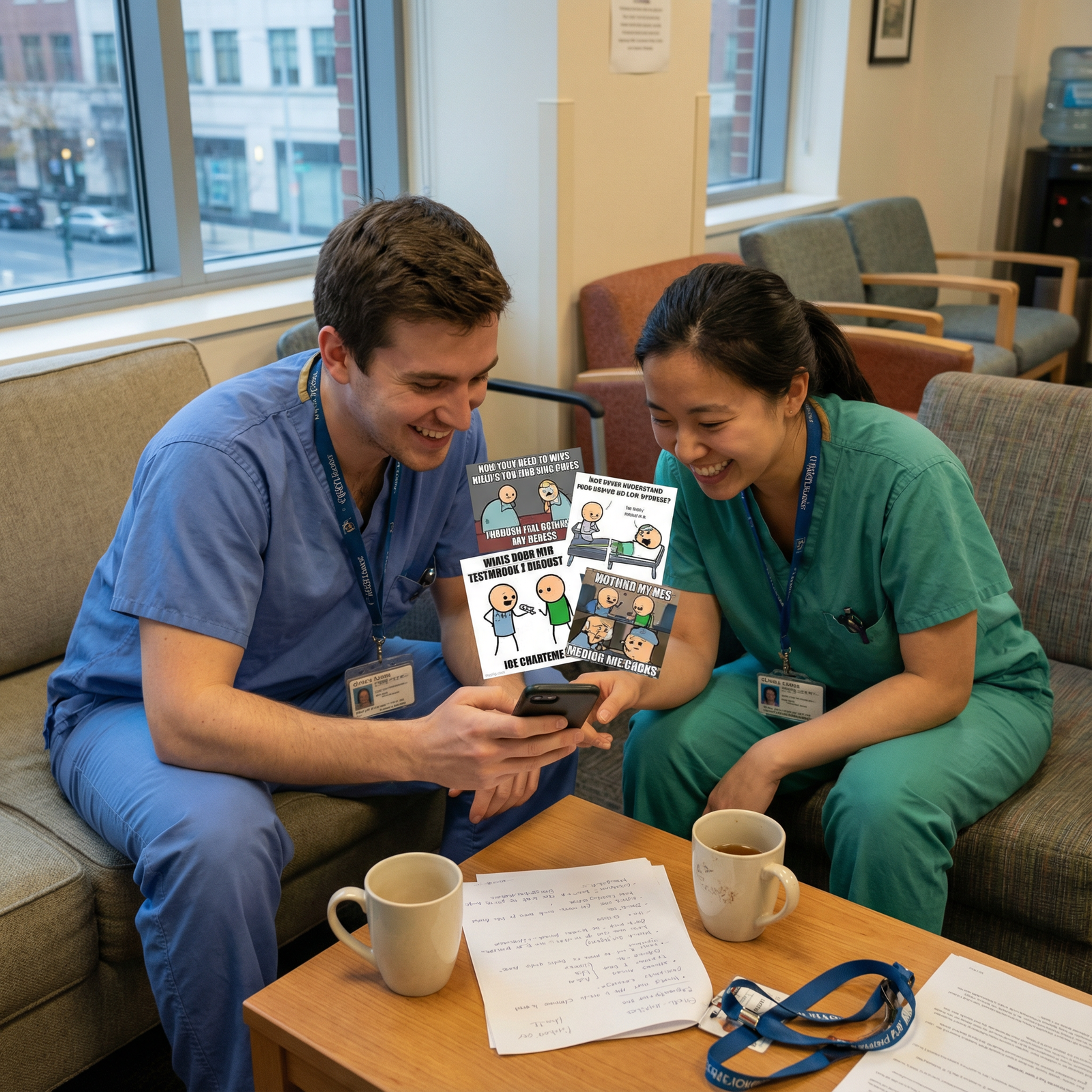 Medical residents scrolling through doctor memes together - doctor memes for Why Doctor Memes Flourish: Humor in Healthcare C
