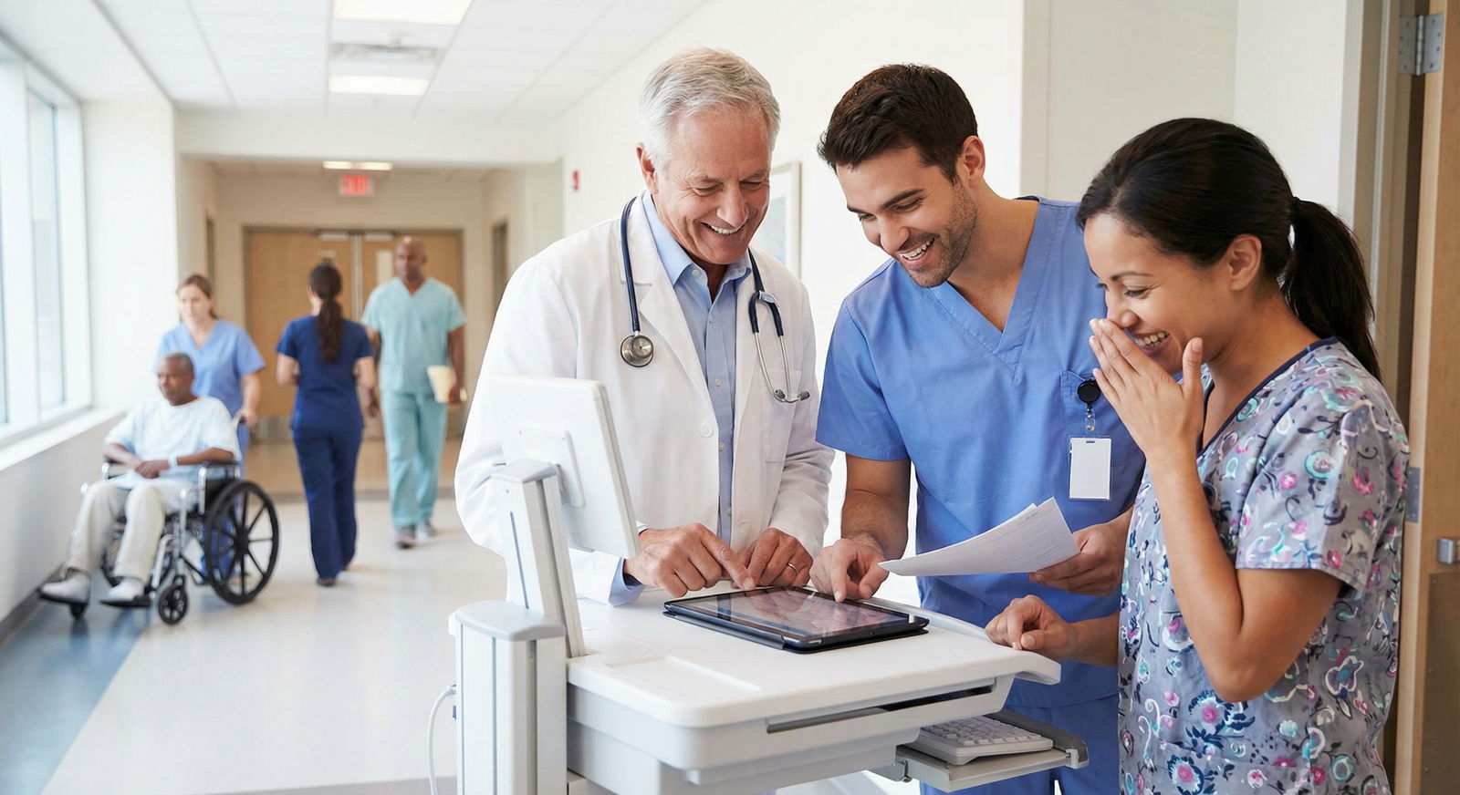 Medical team sharing a humorous moment during rounds - medical humor for Top Medical Humor: Hilarious Jokes Only Healthcare P