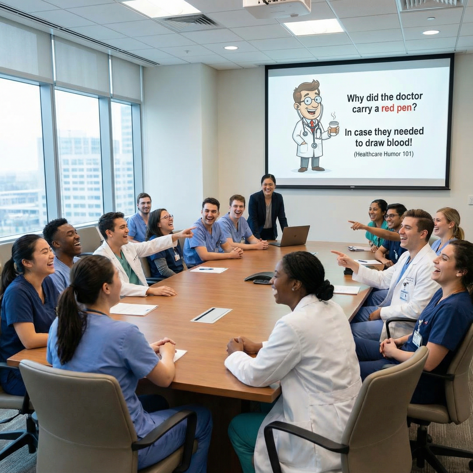 Residents and medical students laughing during a teaching session - medical humor for Top Medical Humor: Hilarious Jokes Only