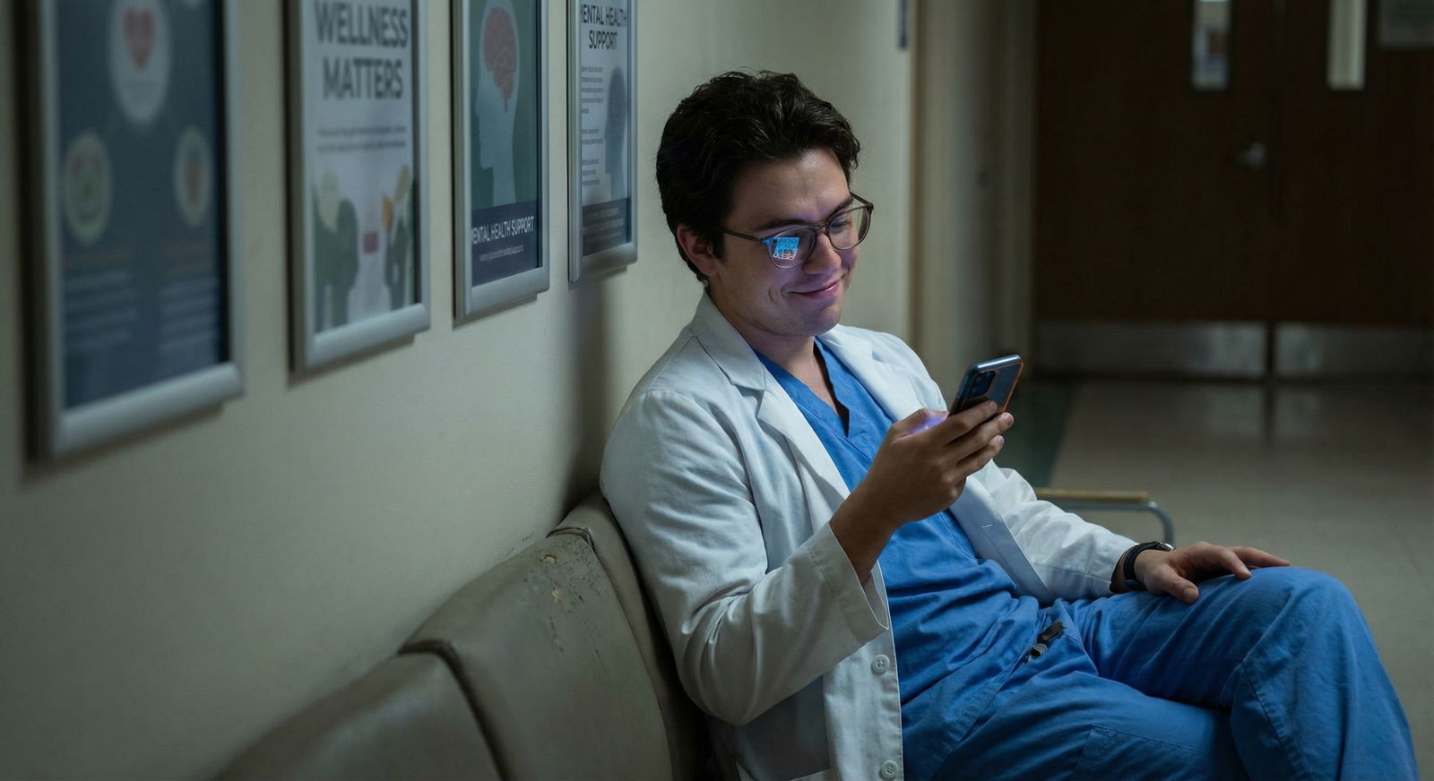 Medical resident scrolling through memes about burnout and systemic issues before seeking support - medical memes for Unlocki