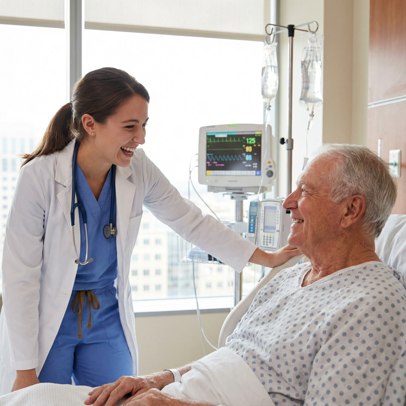 Resident and patient sharing a light-hearted joke at the bedside - medical humor for Harnessing Medical Humor: Laughter as a