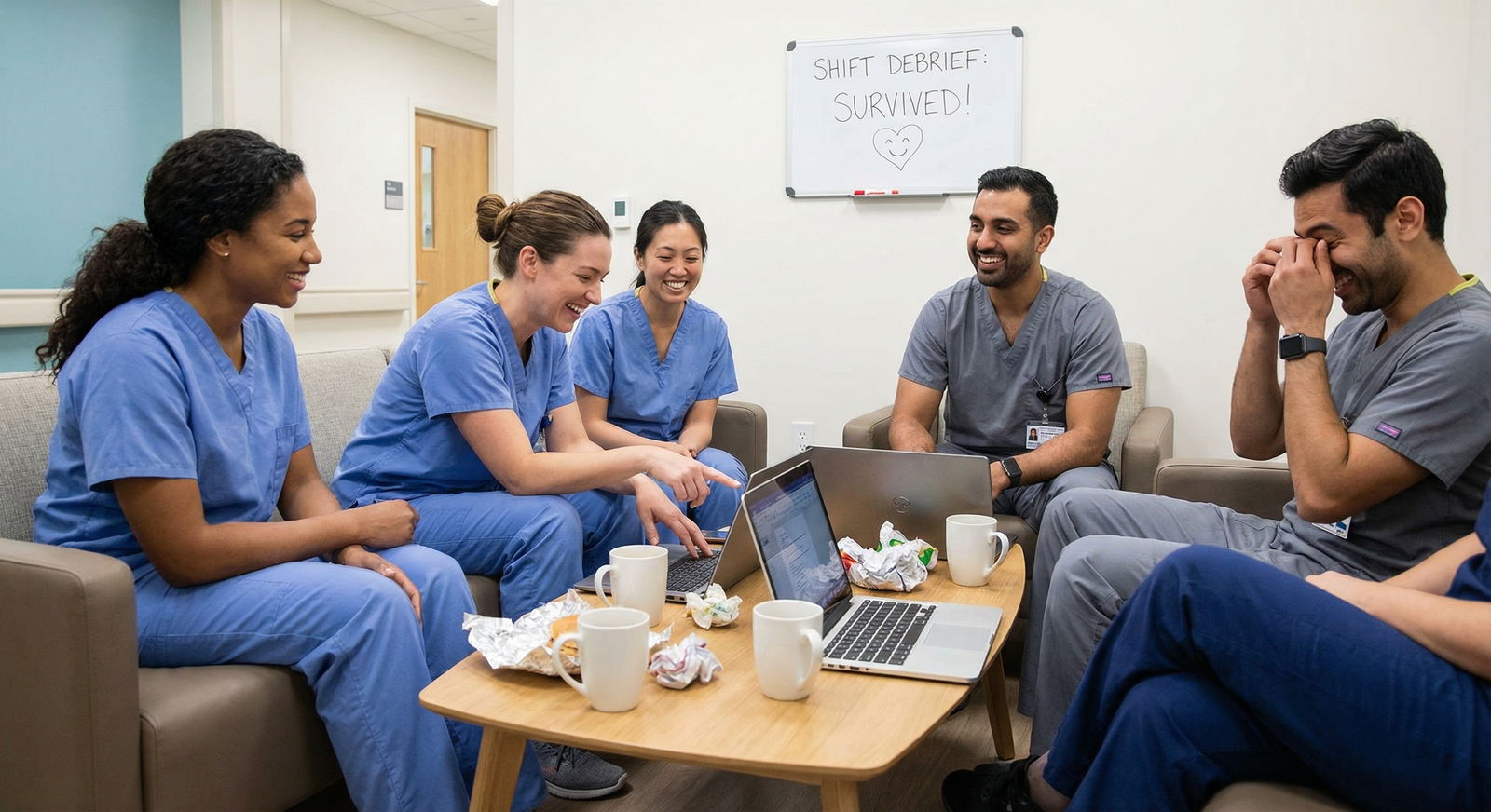 Medical team debriefing and laughing together after a shift - medical humor for Harnessing Medical Humor: Laughter as a Power