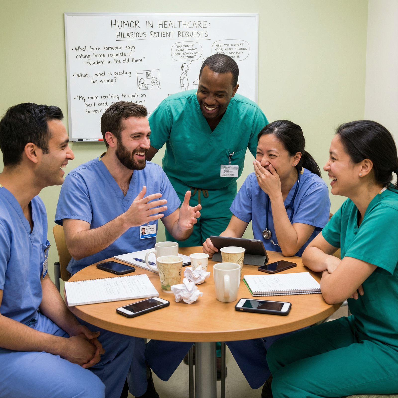 Medical team sharing humorous stories in a break room - humor in healthcare for Humor in Healthcare: Hilarious Patient Reques