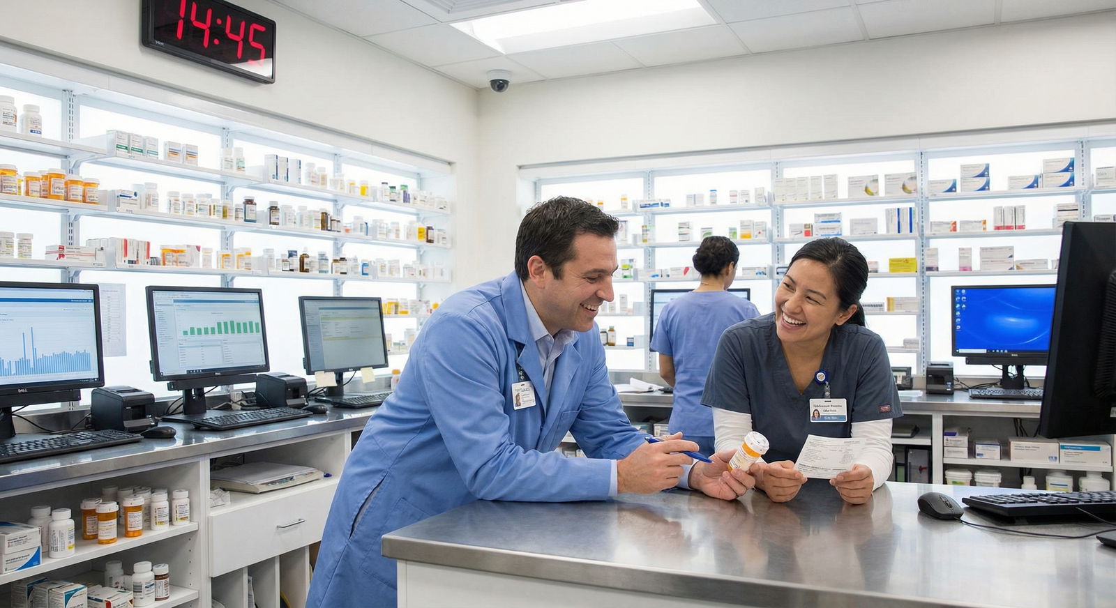 Pharmacist and technician smiling over a humorous prescription error - medical humor for 10 Hilarious Medical Fails that Ever