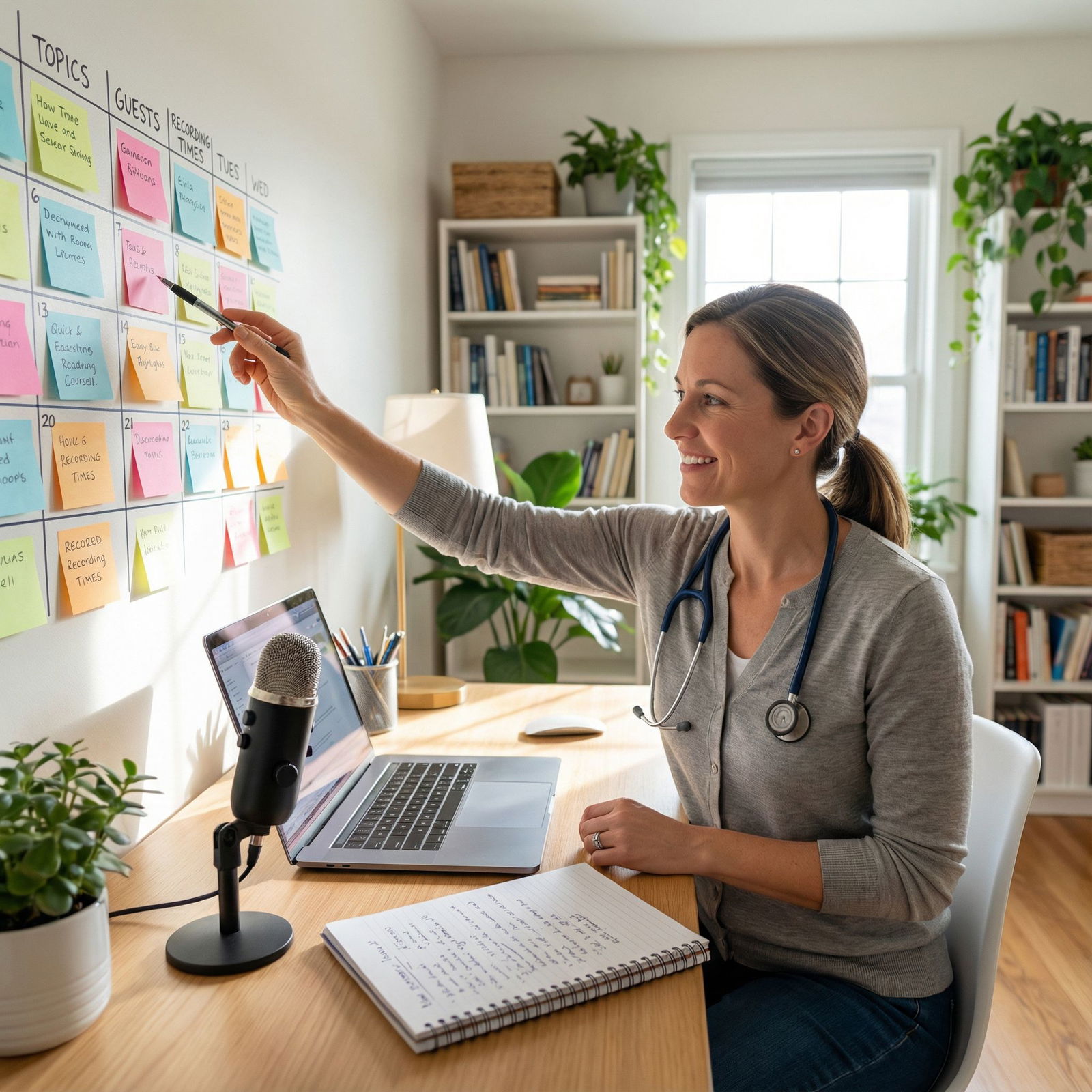 Physician planning podcast content and recording schedule - Podcasting for Unlock Your Potential: Podcasting as a Side Hustle