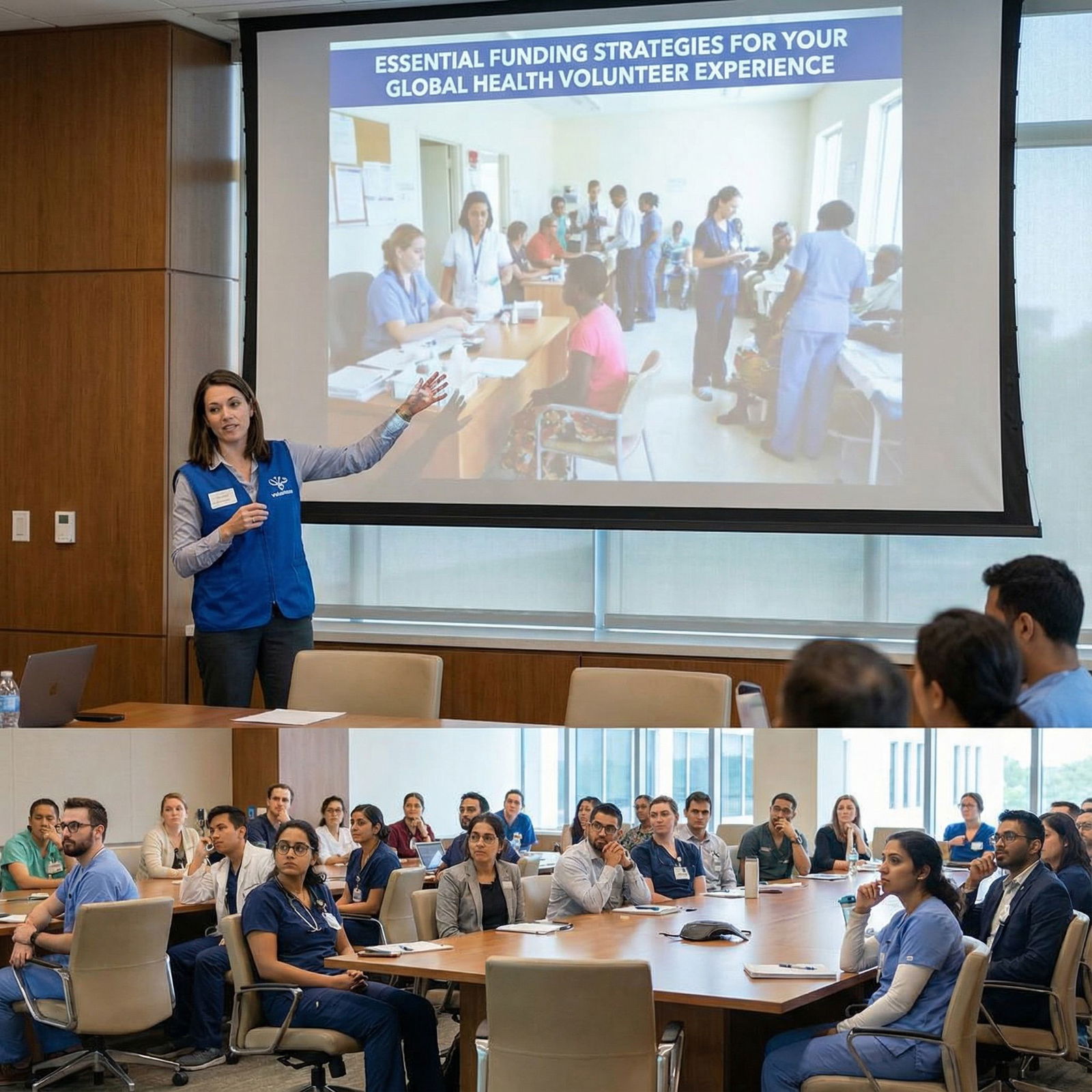 Medical volunteer reflecting on global health experience and sharing with community Medical volunteer reflecting on global health experience and sharing with community - Global Health for Essential Funding Str