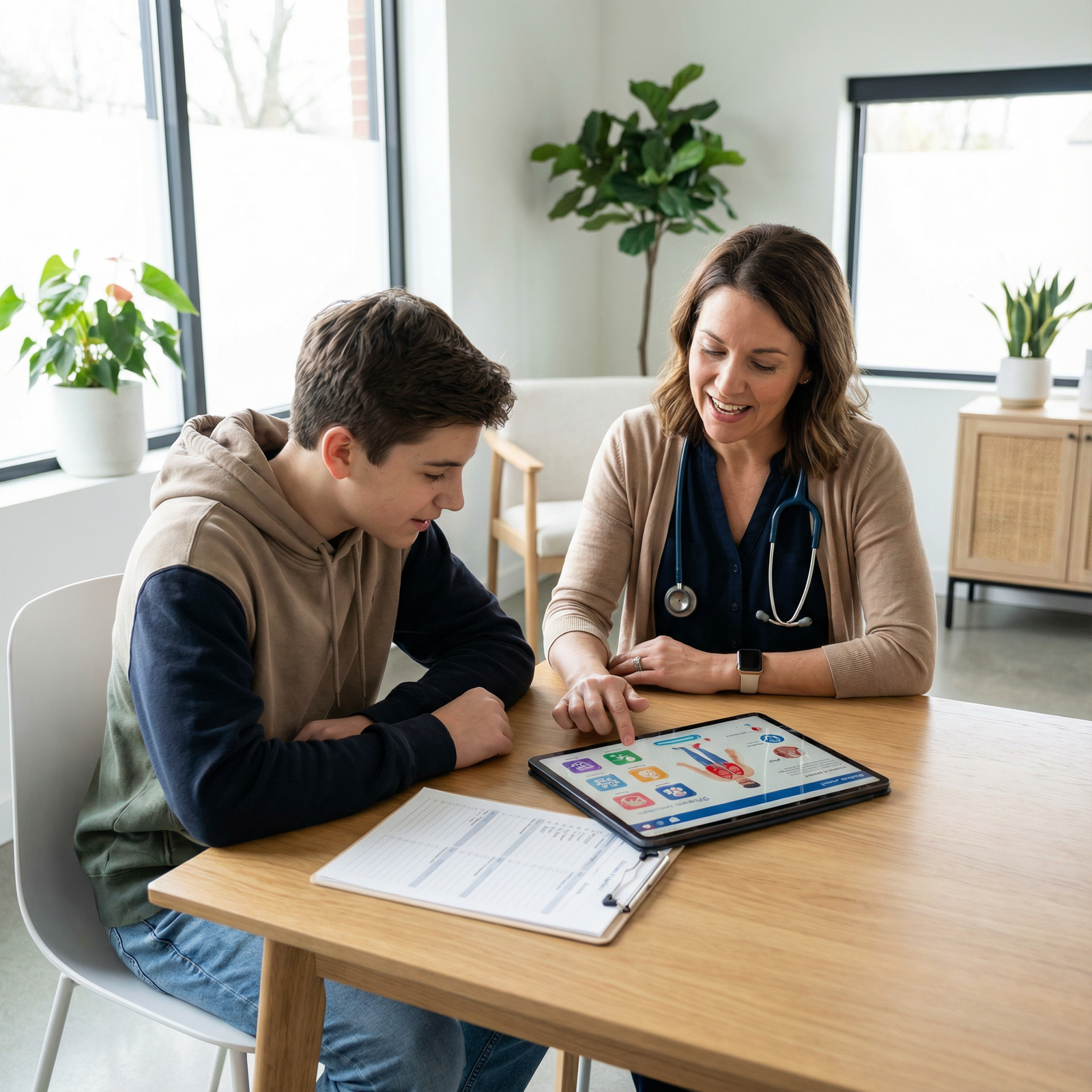 Physician explaining treatment options to a teenager using visual aids - Adolescent Health for Understanding Adolescent Patie