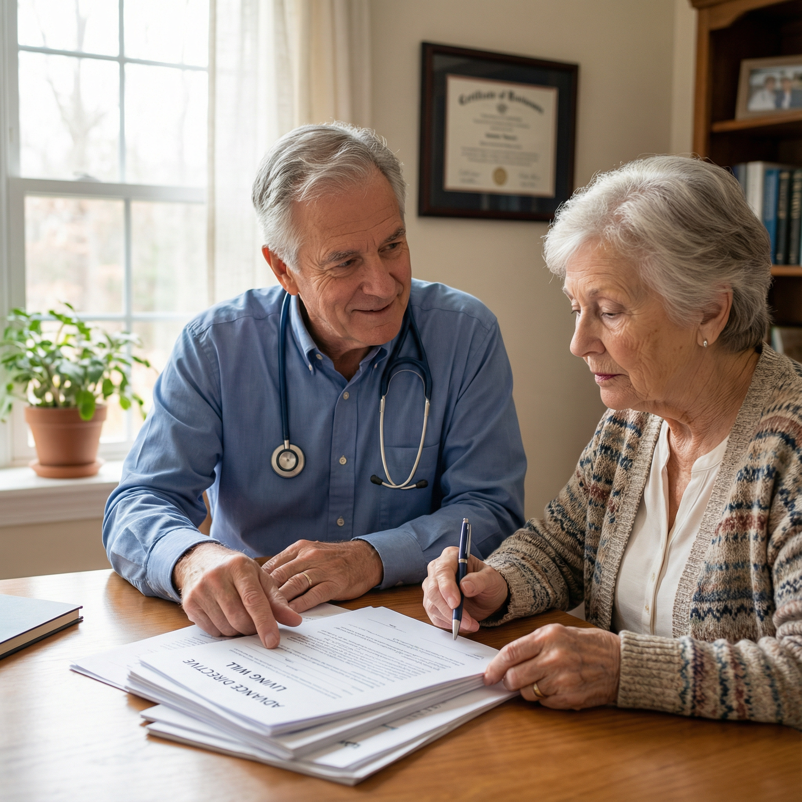 Physician discussing advance care planning documents with an elderly patient Physician discussing advance care planning documents with an elderly patient - Patient Autonomy for Navigating Patient Autono