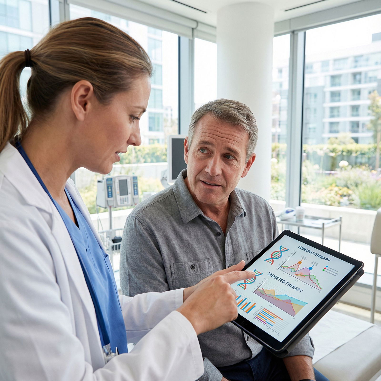 Oncologist explaining immunotherapy and targeted treatment options - Cancer Treatment for Revolutionizing Cancer Treatment: A