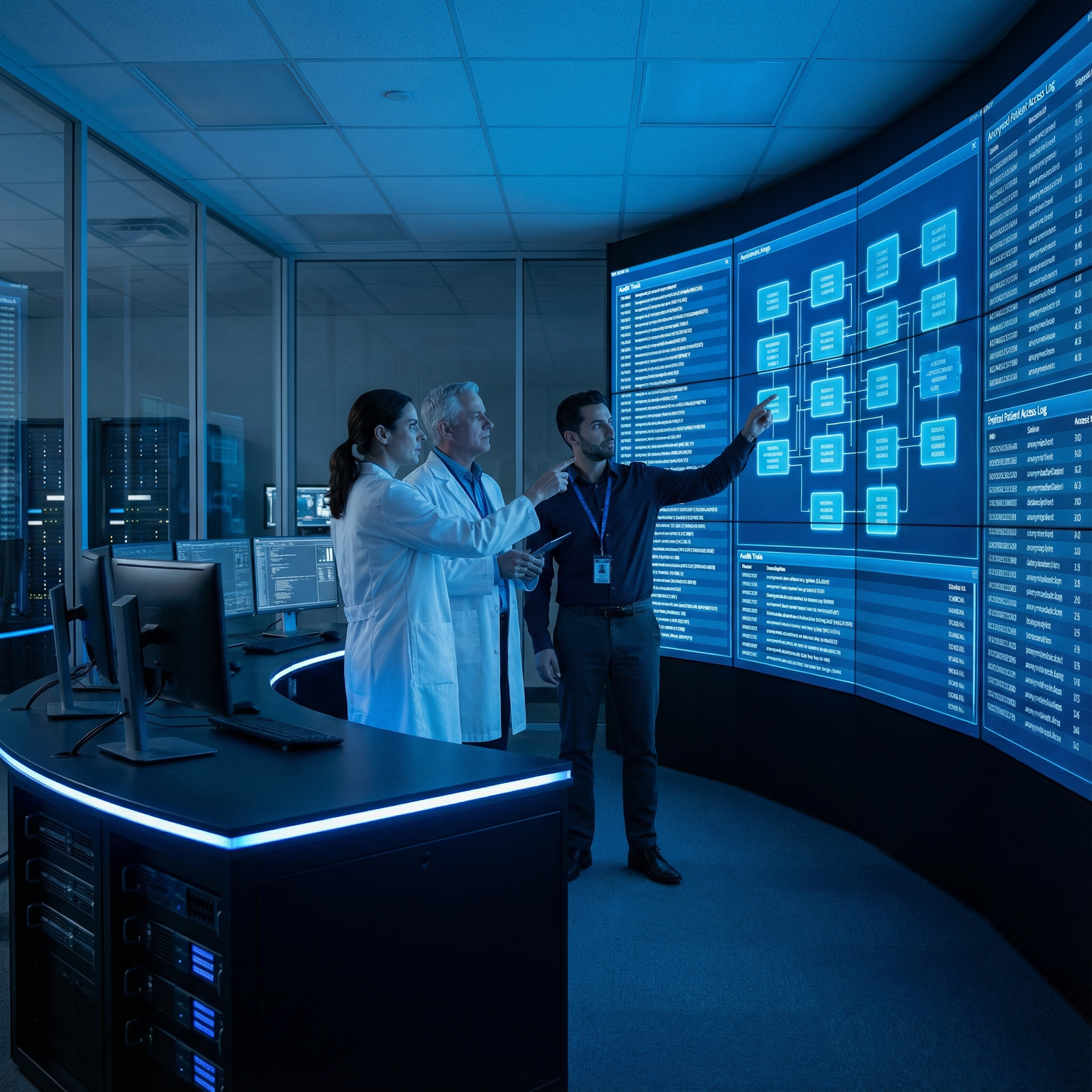 Clinicians reviewing blockchain-based patient data access logs Clinicians reviewing blockchain-based patient data access logs - Blockchain for Enhancing Patient Privacy: The Role of Blockc