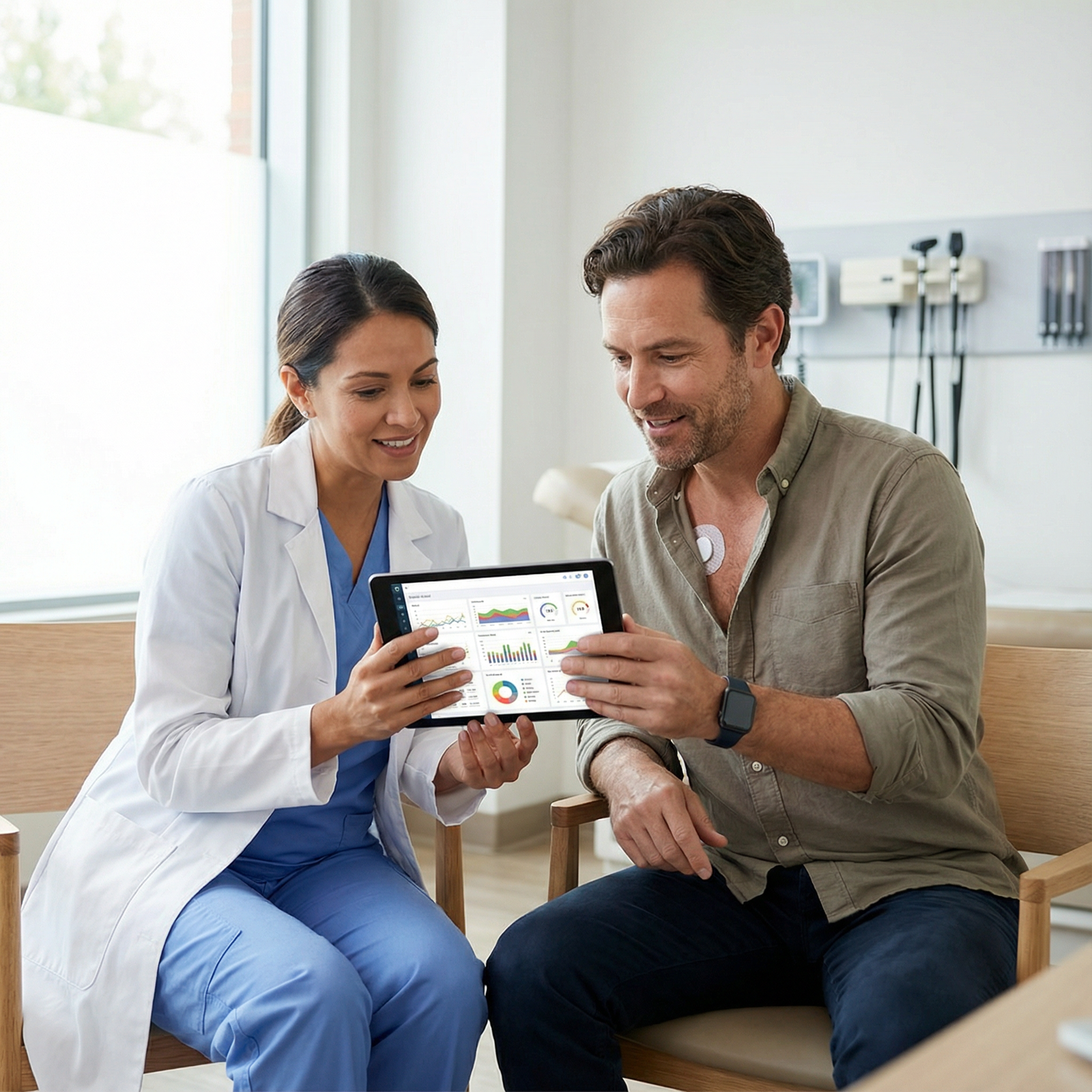 Clinician and patient discussing wearable health data Clinician and patient discussing wearable health data - Wearable Technology for Unlocking Wearable Technology in Healthcare: