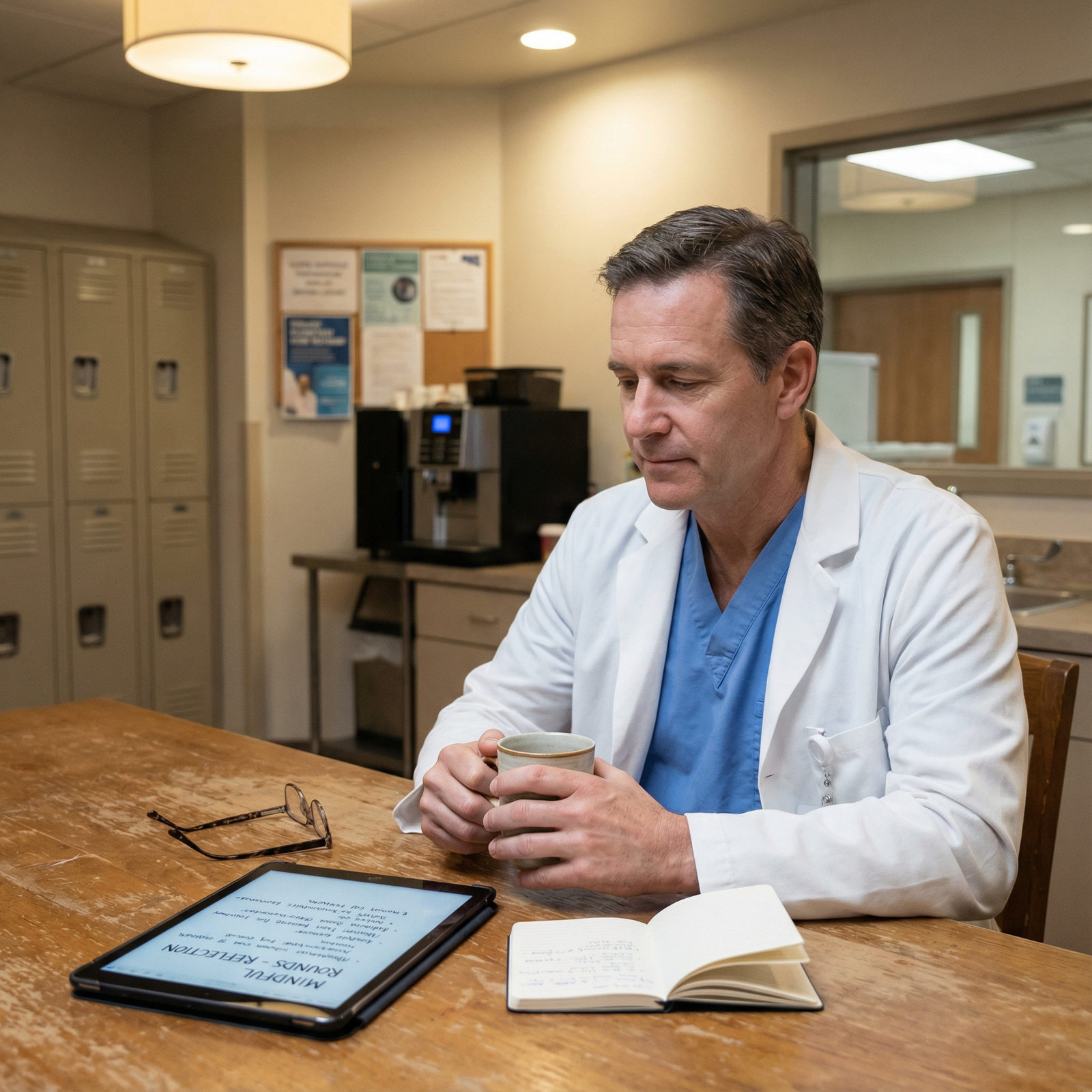 Physician reflecting mindfully after hospital rounds Physician reflecting mindfully after hospital rounds - Mindfulness for Transforming Daily Rounds: The Power of Mindfulness fo