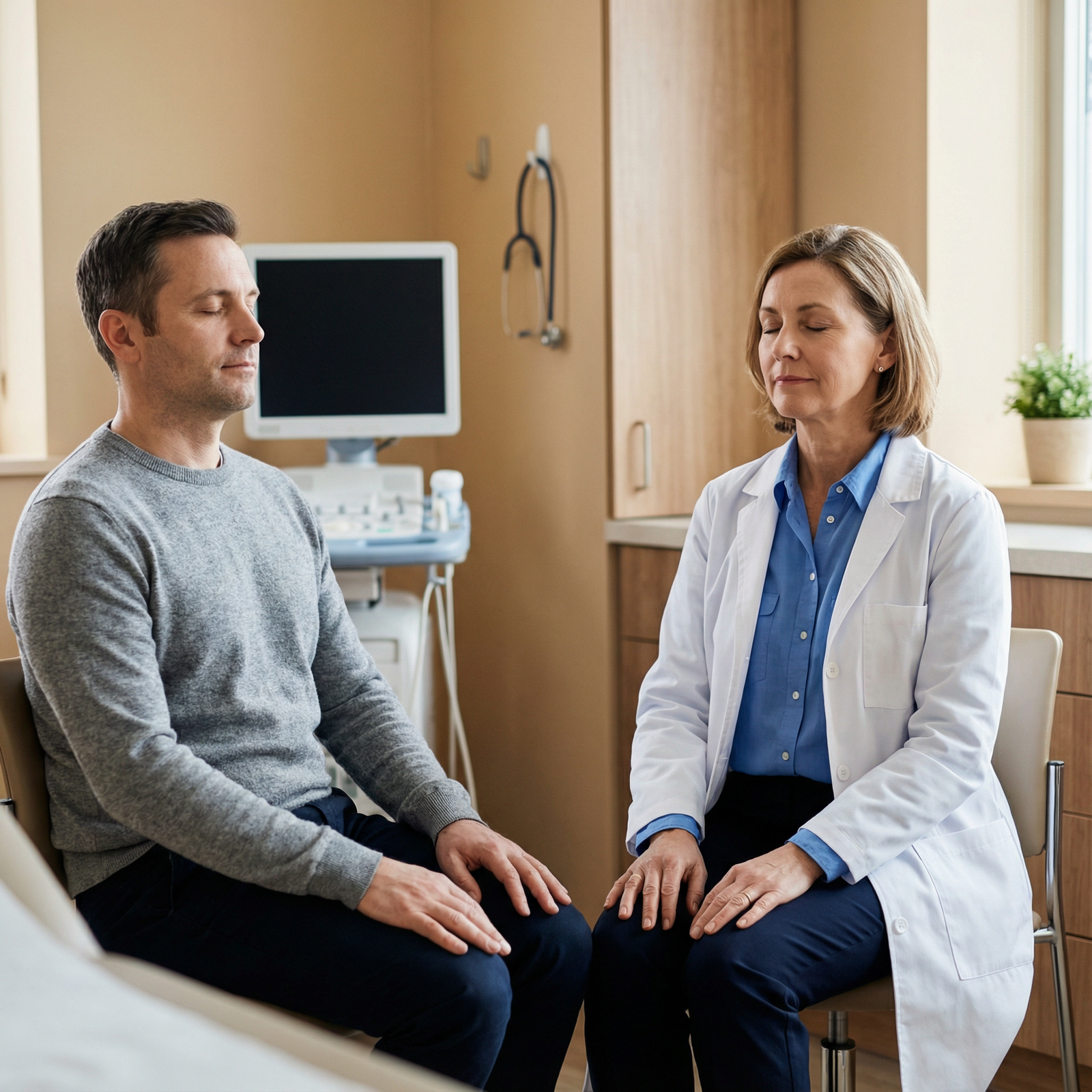 Physician leading a brief mindfulness exercise with a patient Physician leading a brief mindfulness exercise with a patient - Mindfulness for Transforming Healthcare: Mindfulness Techniqu