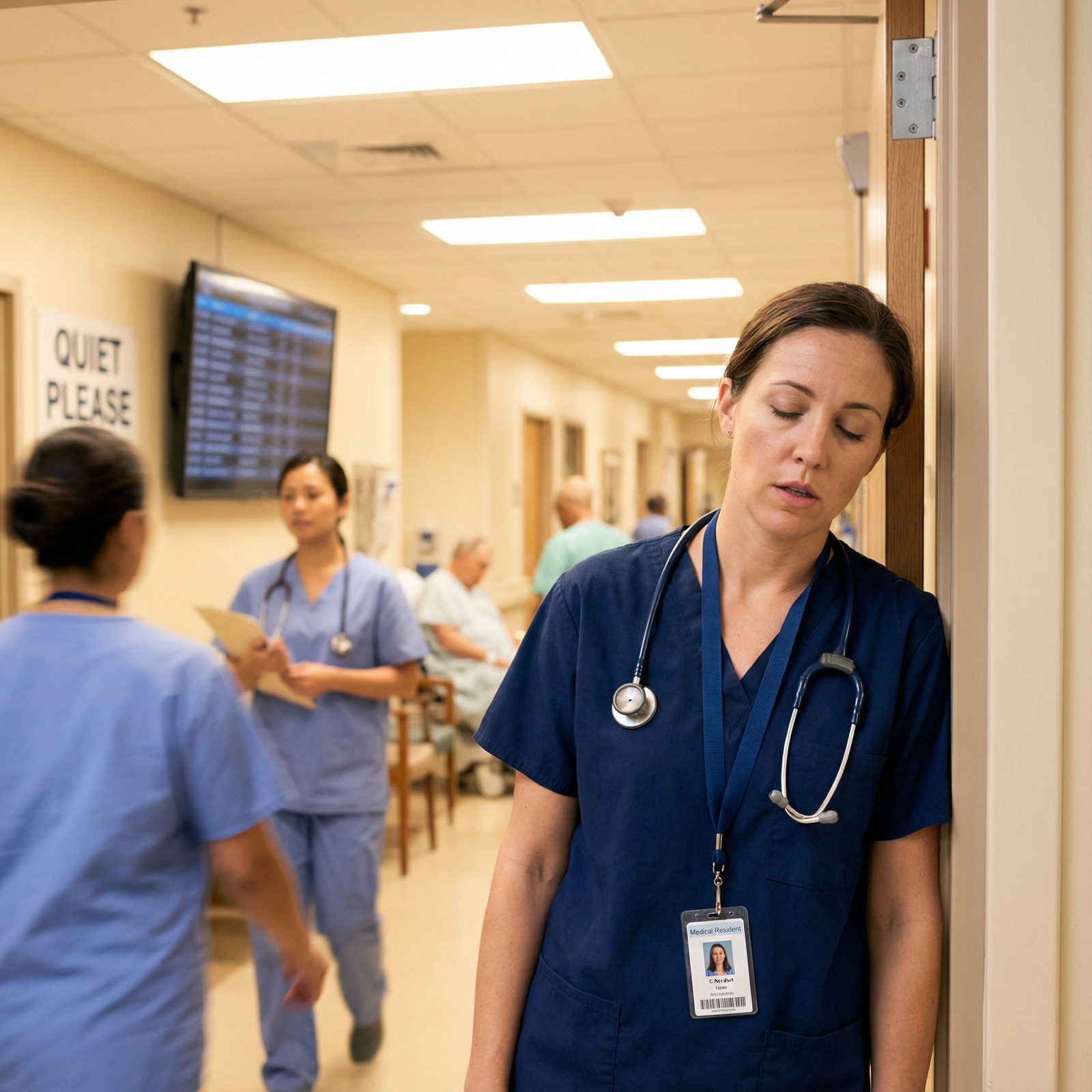 Resident pausing for a mindful breath before entering patient room - Mindfulness for Enhancing Patient Care Through Mindfulne
