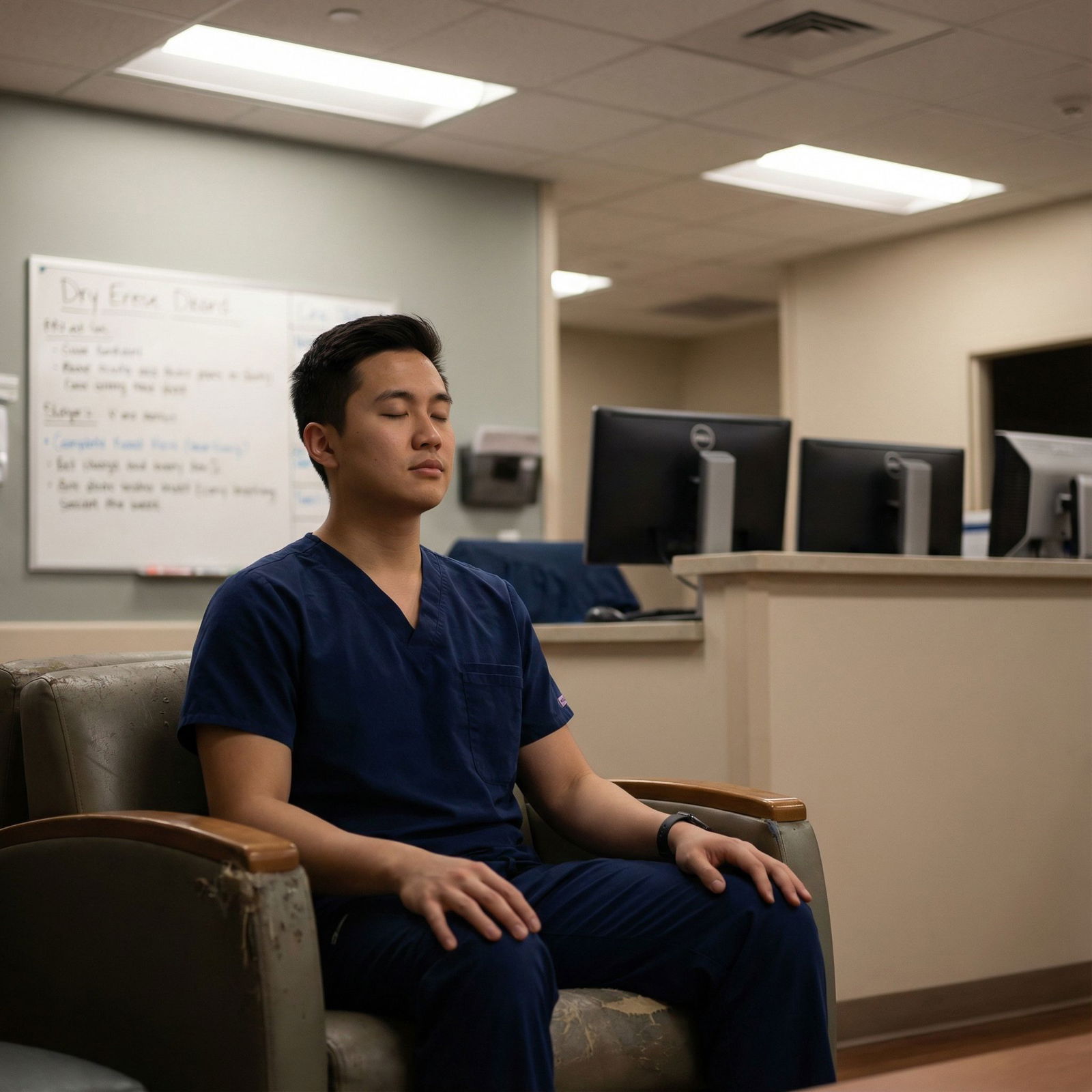 Medical resident practicing mindfulness in a hospital break room Medical resident practicing mindfulness in a hospital break room - Mindfulness for Enhancing Patient Care with Mindfulness Te
