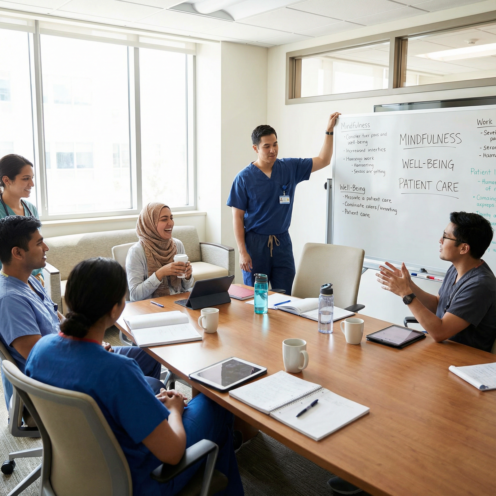 Medical residents discussing wellness and mindfulness strategies together Medical residents discussing wellness and mindfulness strategies together - Mindfulness for Transforming Healthcare: Mindfuln