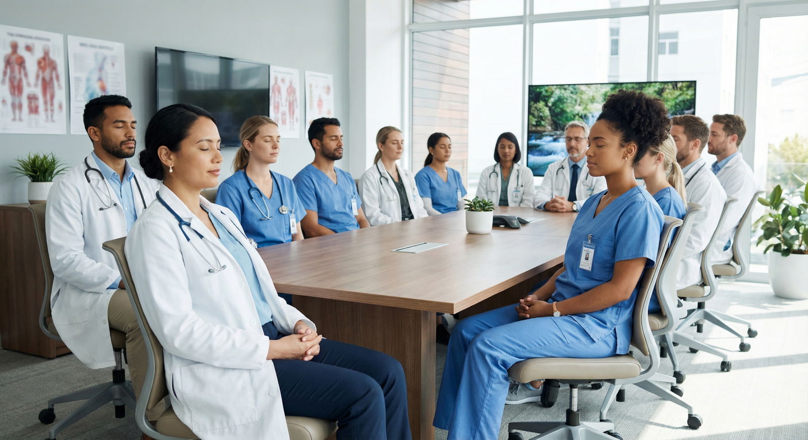 Group of healthcare professionals in a brief mindfulness session Group of healthcare professionals in a brief mindfulness session - mindfulness for Enhancing Focus and Well-Being: The Scienc