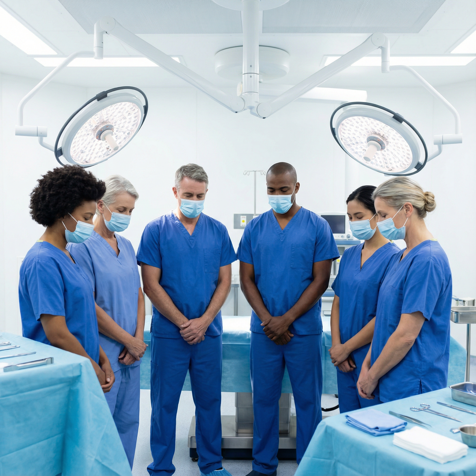 Surgical team practicing a preoperative mindfulness pause Surgical team practicing a preoperative mindfulness pause - Mindfulness for Mindfulness Mentorship: Revolutionizing Surgical