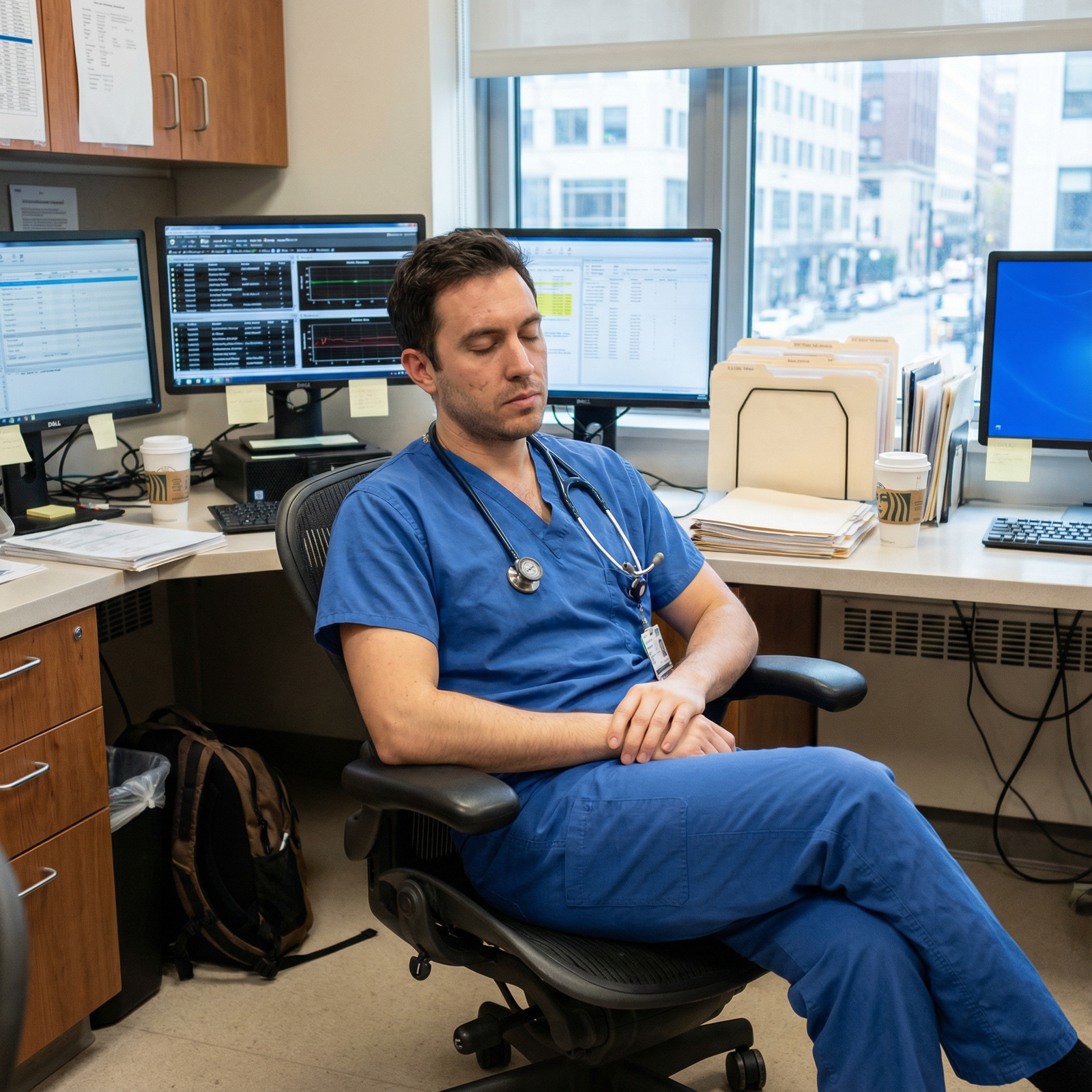 Resident practicing mindful breathing between patient encounters Resident practicing mindful breathing between patient encounters - mindfulness for Harnessing Mindfulness for Enhanced Patien