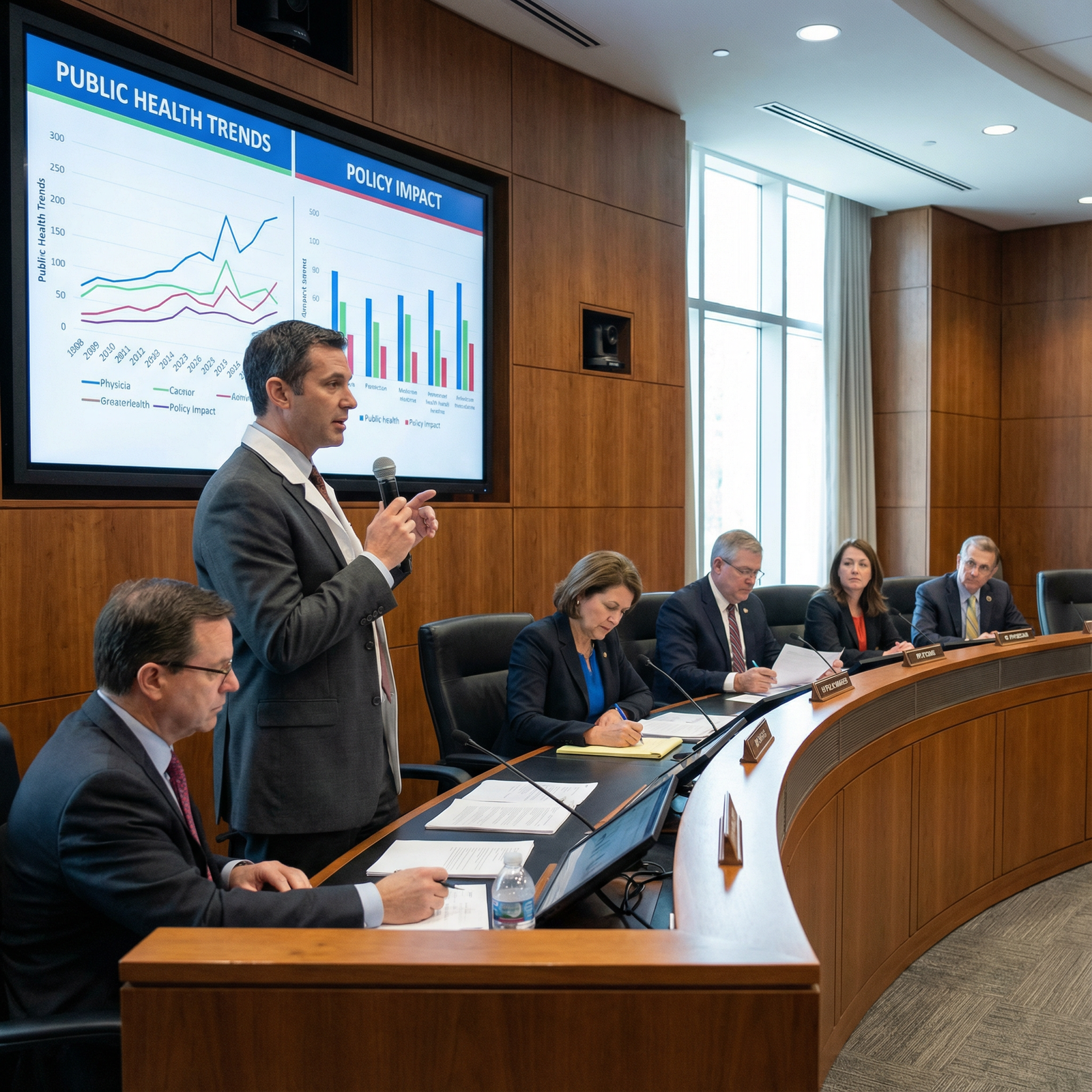 Physician presenting public health data to a legislative committee - Healthcare Policy for Empowering Physicians: Navigate He