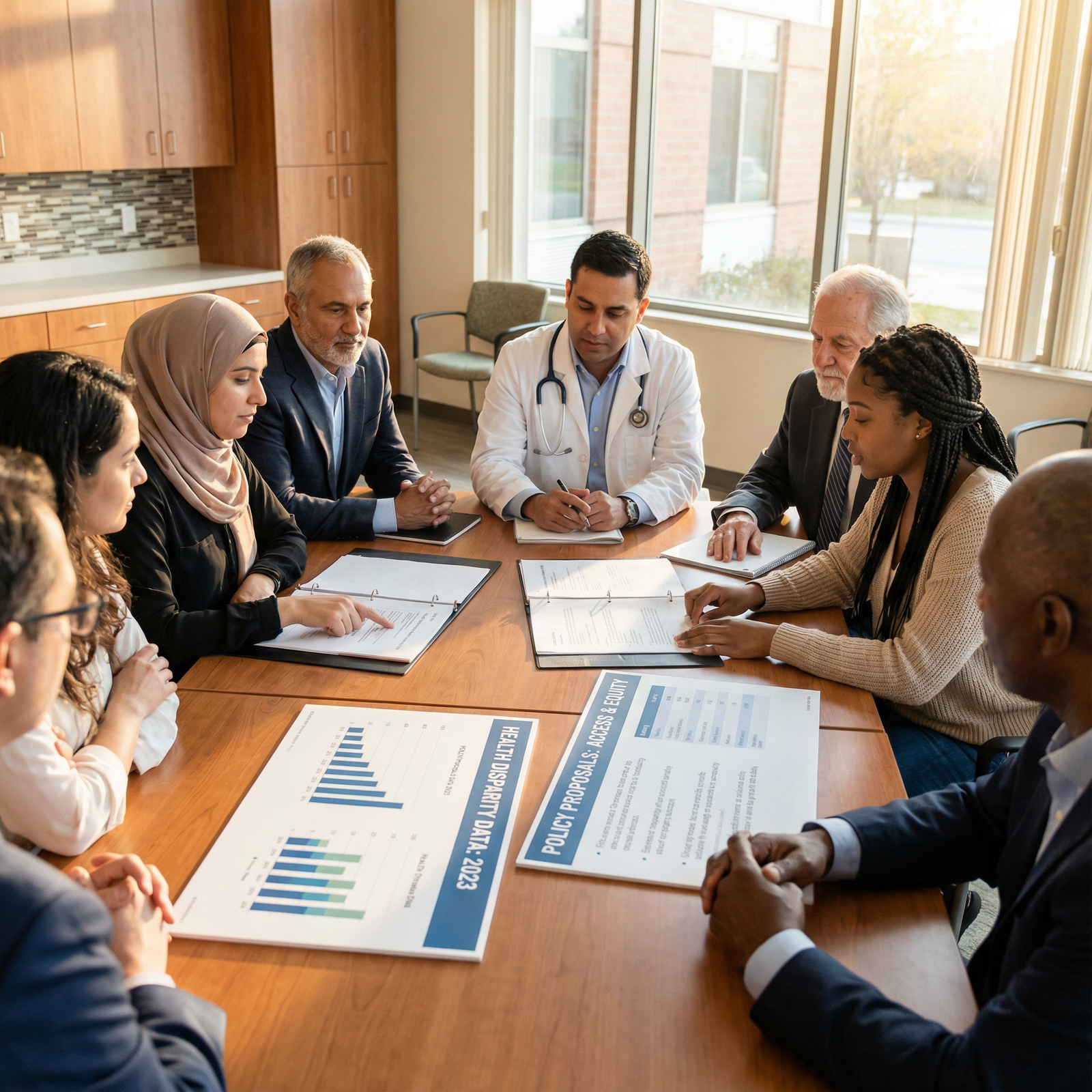 Clinician meeting with community leaders to address health disparities through policy - Health Policy for Mastering Health Po
