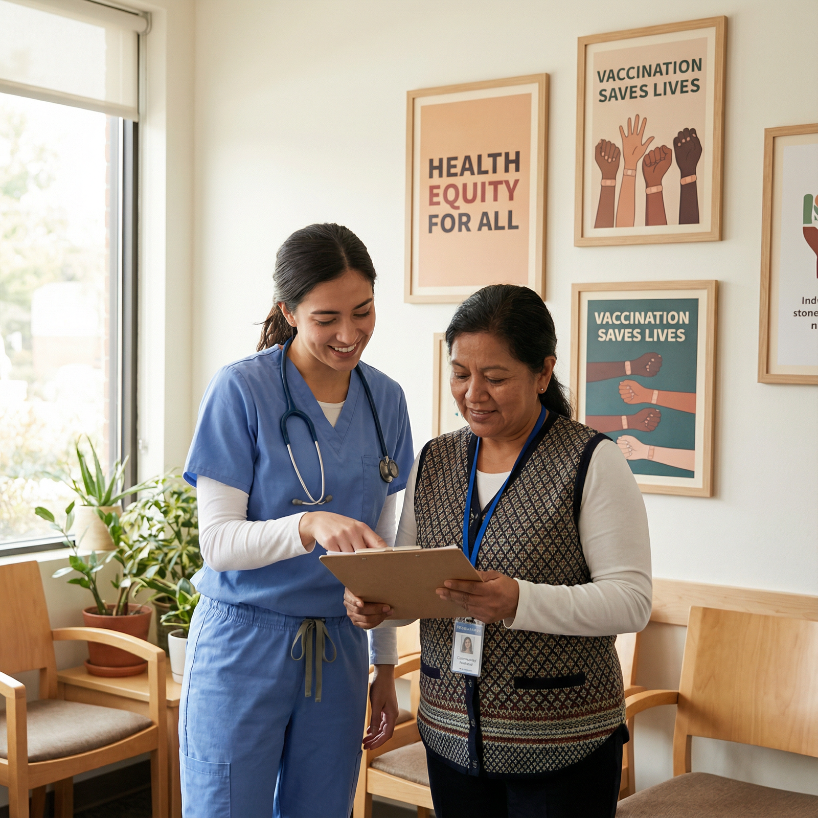 Resident physician discussing health equity initiatives with a community health worker Resident physician discussing health equity initiatives with a community health worker - Healthcare Advocacy for The Essentia