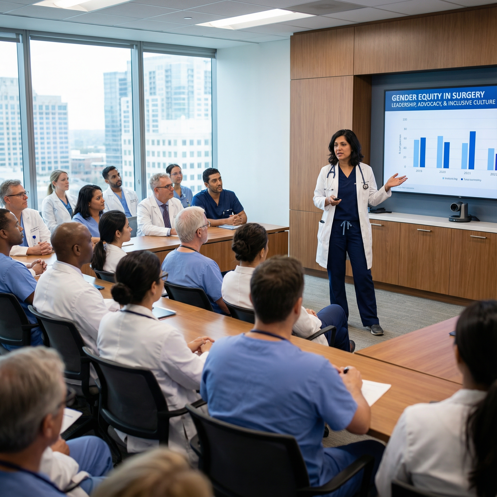 Woman surgical leader presenting at a hospital diversity and inclusion meeting - Women in Surgery for Empowering Women in Sur